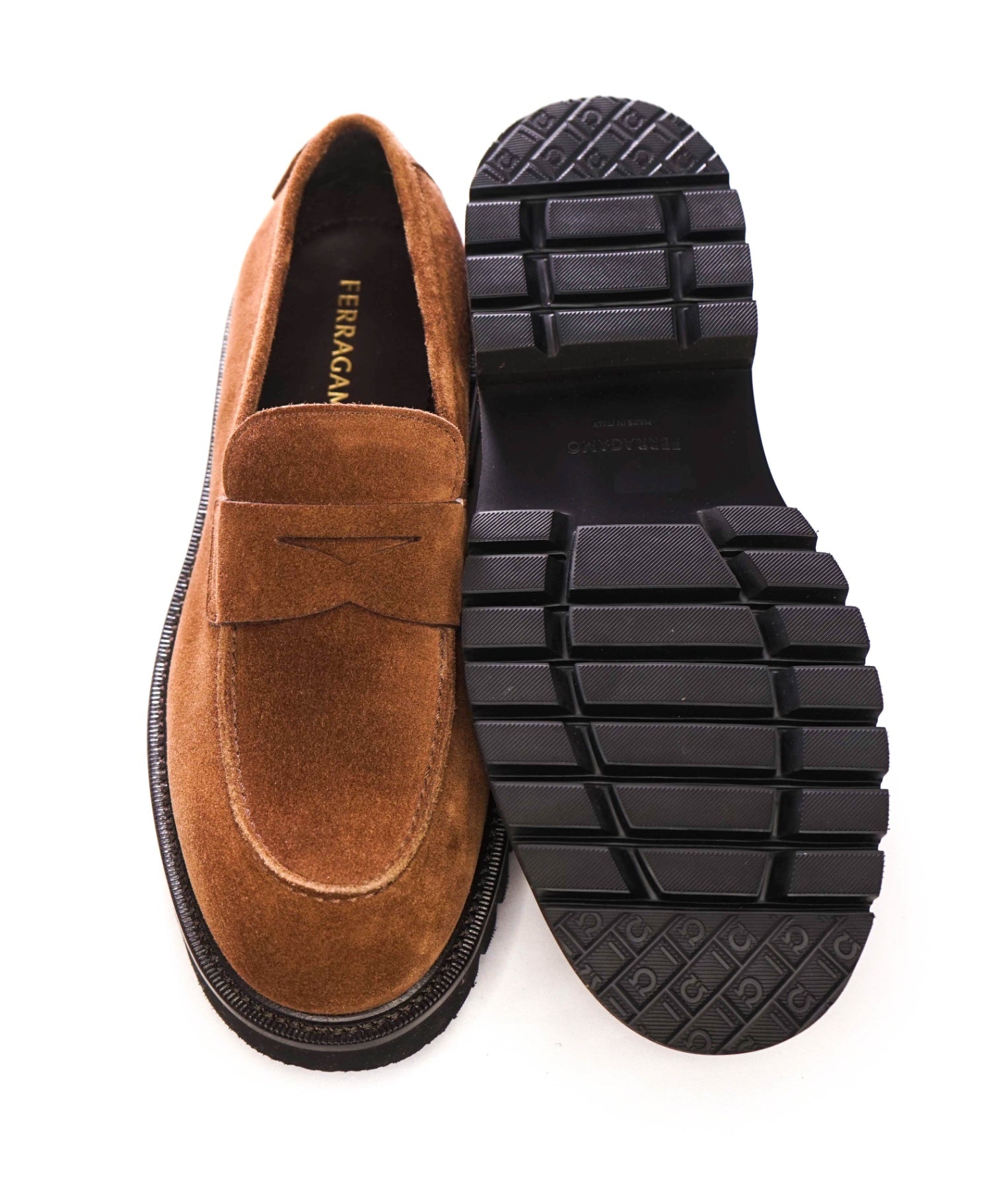 $995 FERRAGAMO - Brown Suede "AUKLAND" Lug Sole Loafers - 8 EE