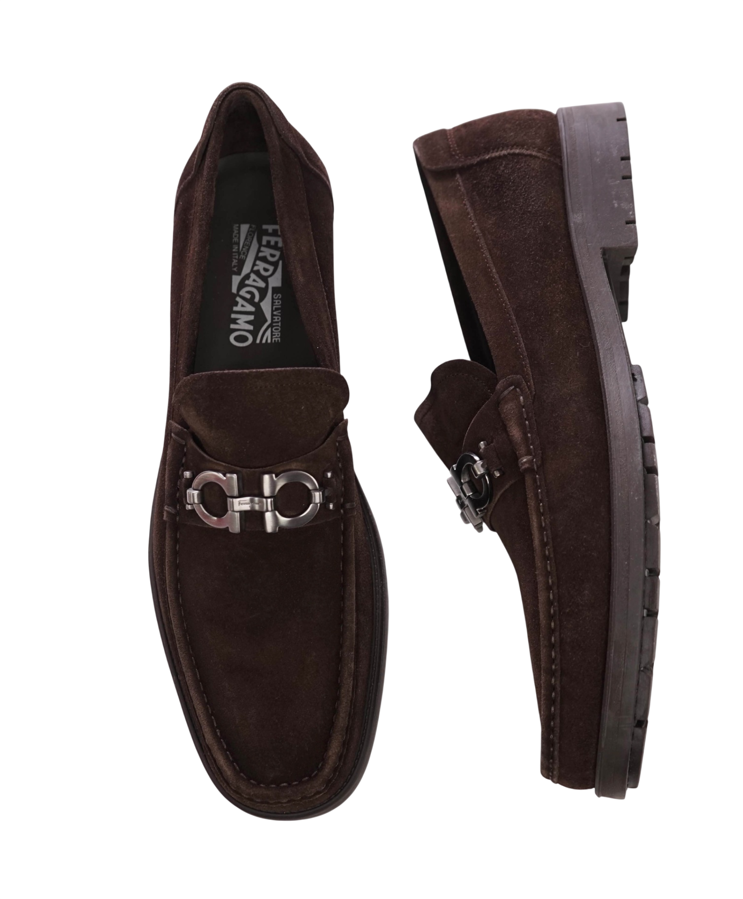 $850 FERRAGAMO - "MASTER" Brown Suede Lug Sole Loafer - 11.5 D