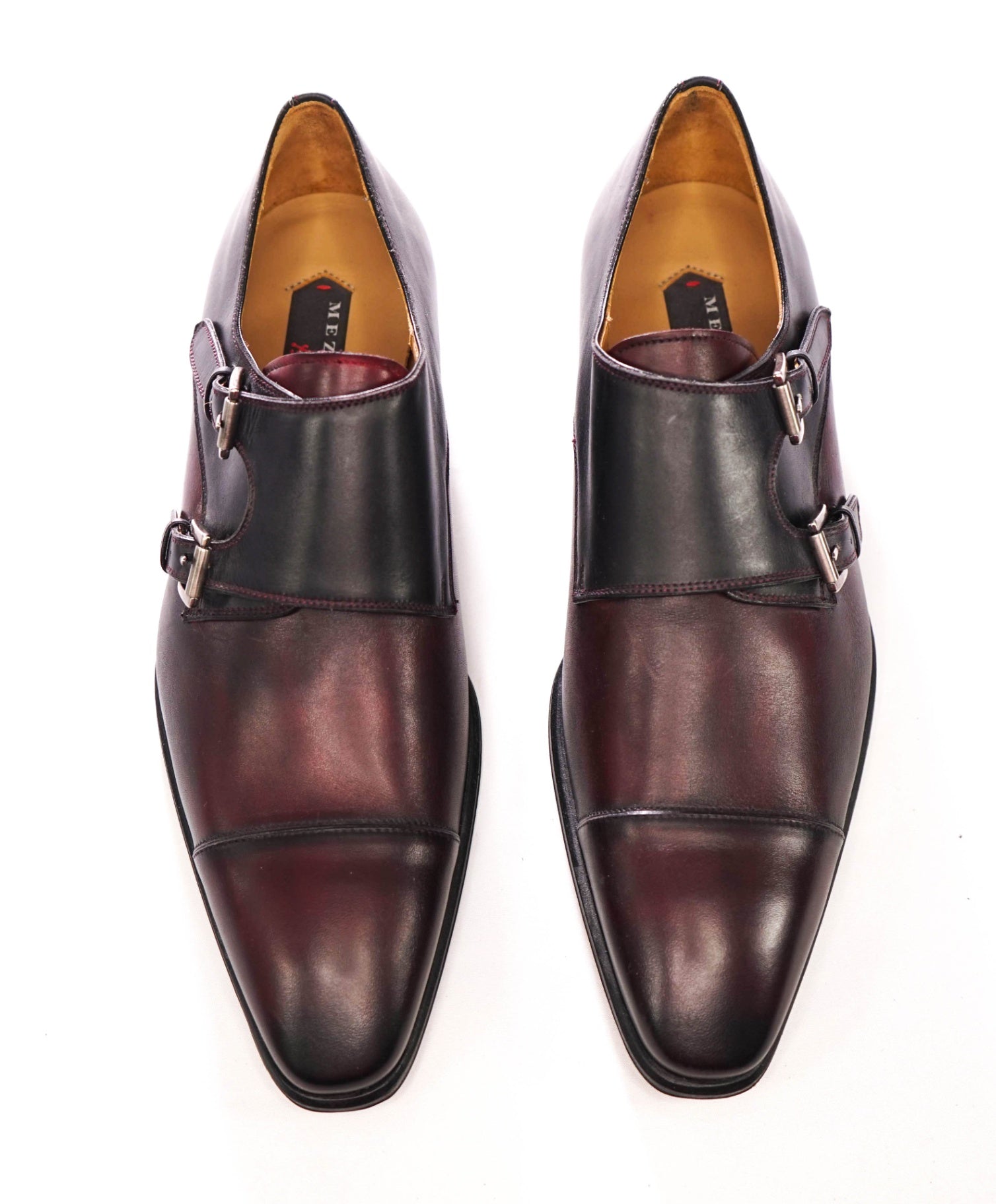 $375 MEZLAN - Burgundy/Black Leather Monk Straps - 10.5M