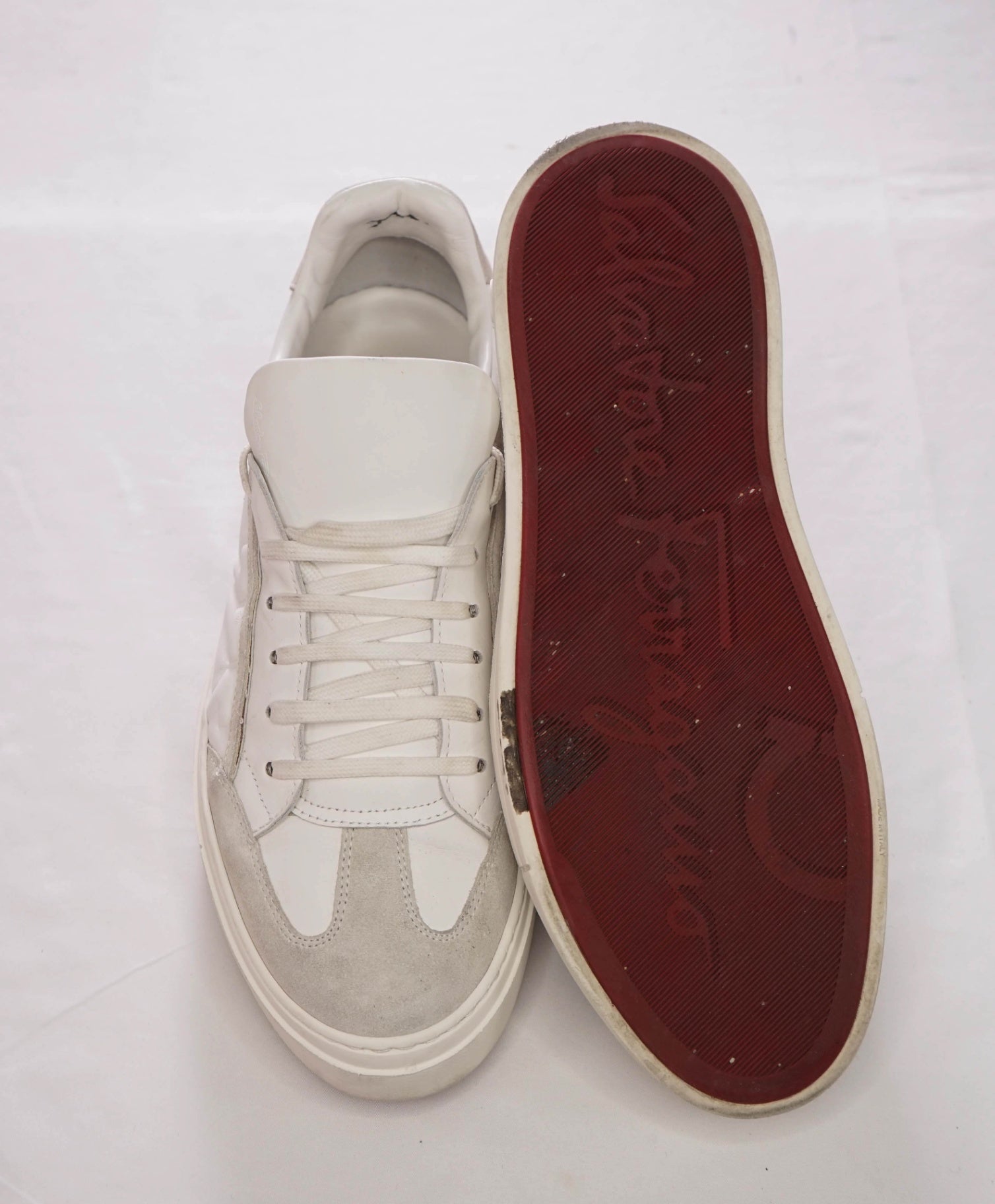 $795 FERRAGAMO - White Leather/Suede "BORG" Sneakers - 10 M