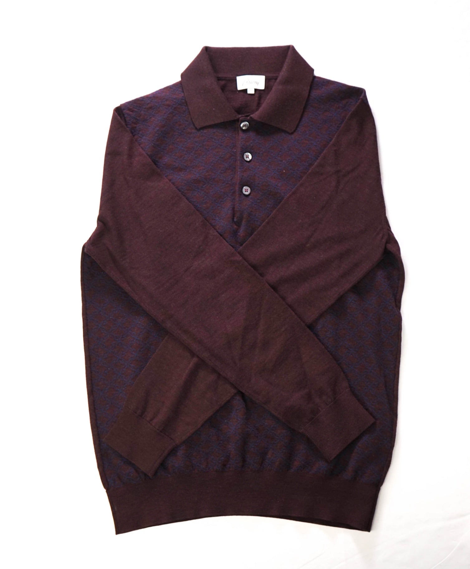 $1,050 BRIONI - Bown/Navy Trellis Long-Sleeve Polo Sweater - 40 (Medium)