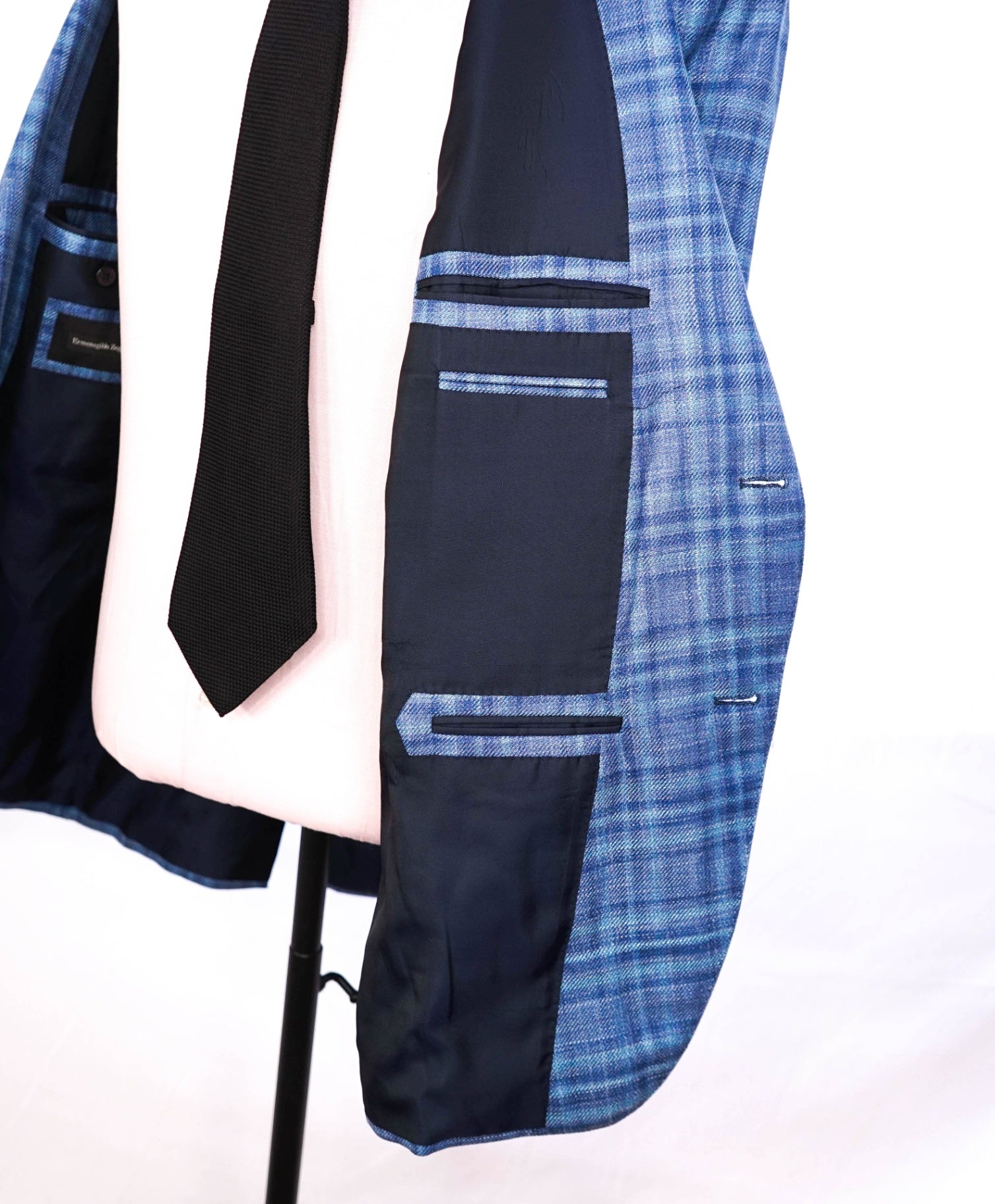 $3,750 ZEGNA - Blue Plaid Wool/Silk/Linen Blazer - 46R