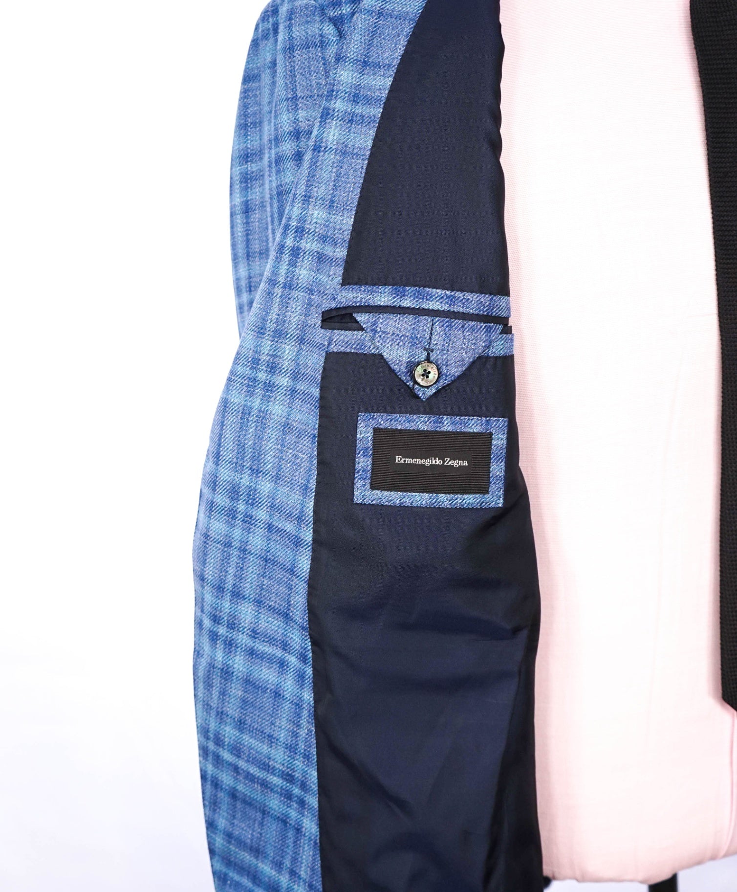 $3,750 ZEGNA - Blue Plaid Wool/Silk/Linen Blazer - 46R