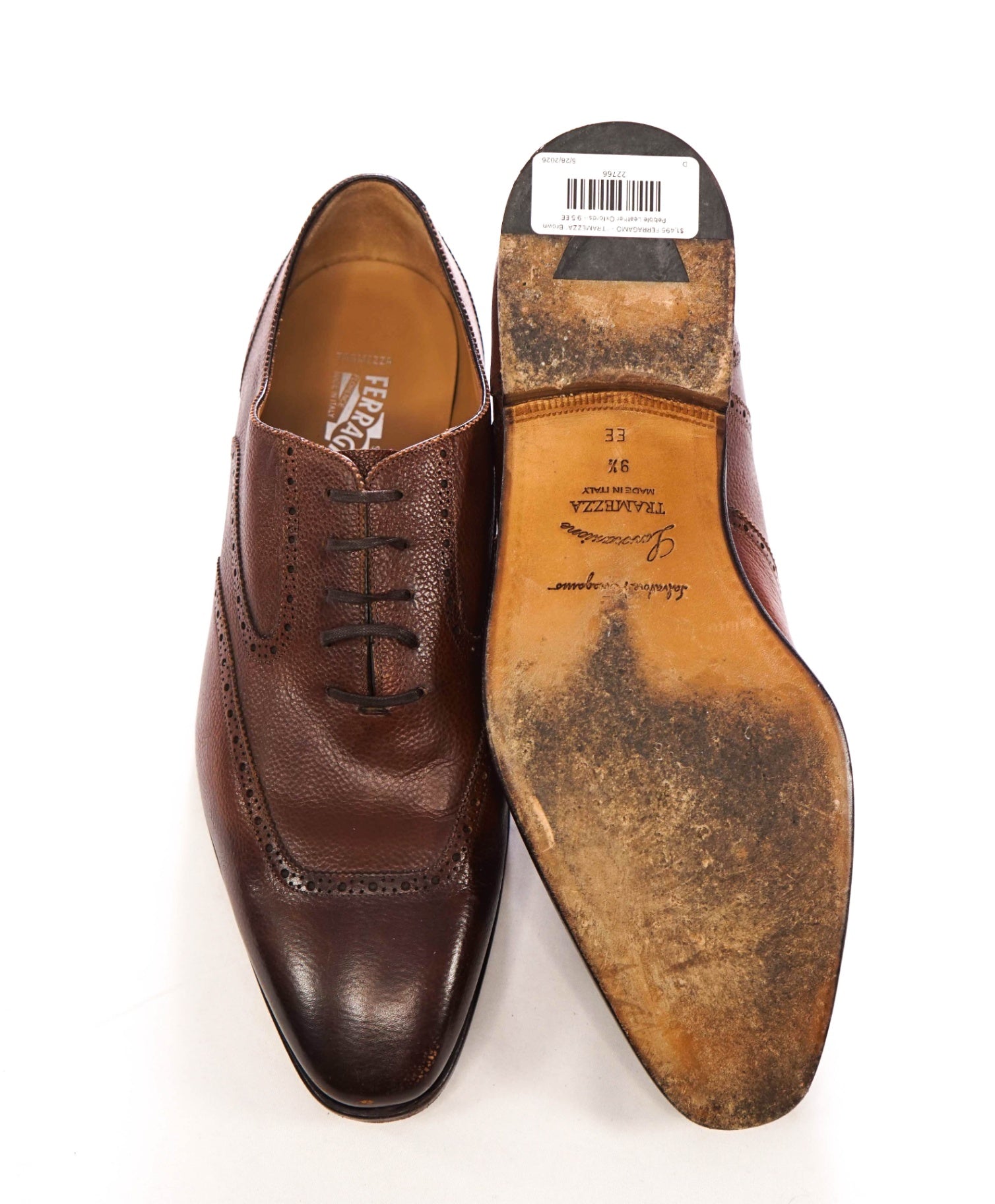 $1,495 FERRAGAMO - "TRAMEZZA" Brown Pebble Leather Oxfords - 9.5 EE