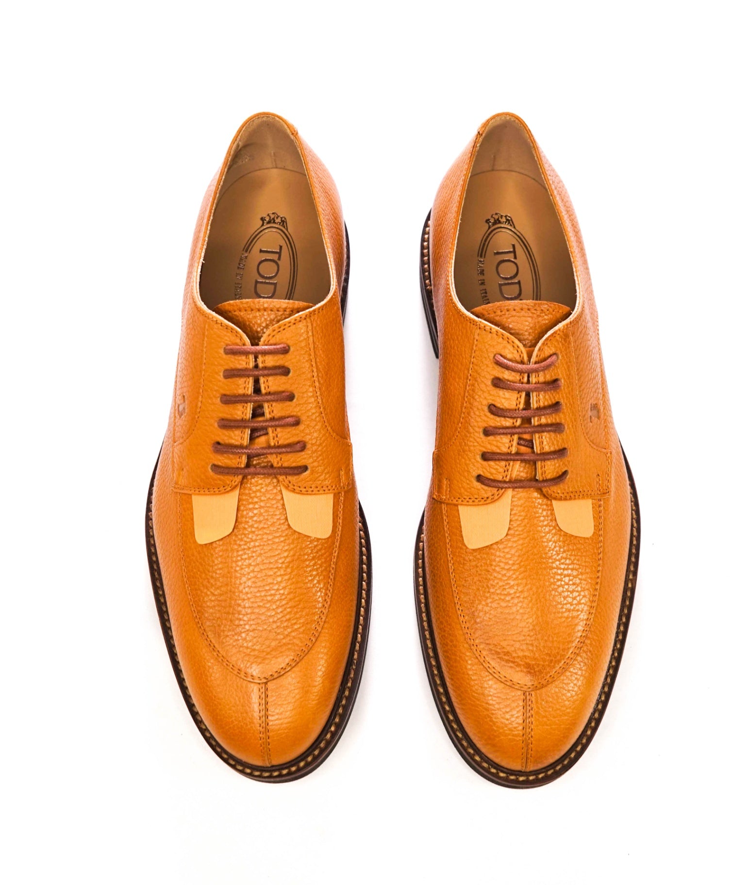 $985 TOD'S - Cognac Brown Pebble Leather Derby - US 9 (UK8)