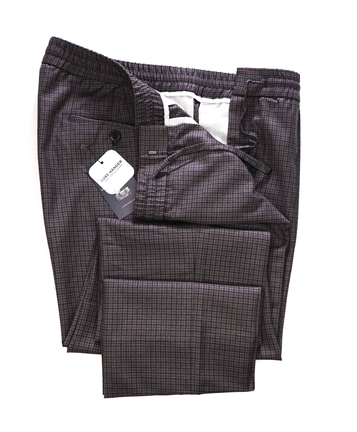 $1,268 BRIONI - Gray/Brown Gingham Drawstring Pants - 36W
