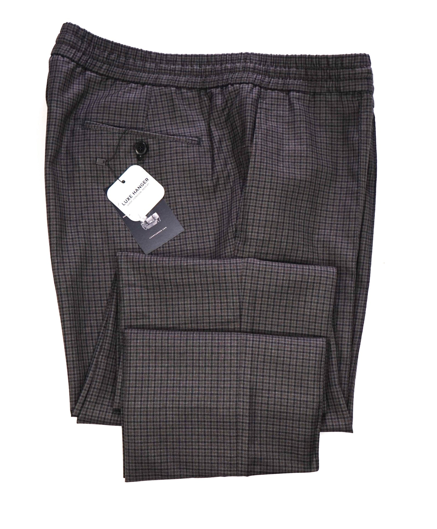 $1,268 BRIONI - Gray/Brown Gingham Drawstring Pants - 36W