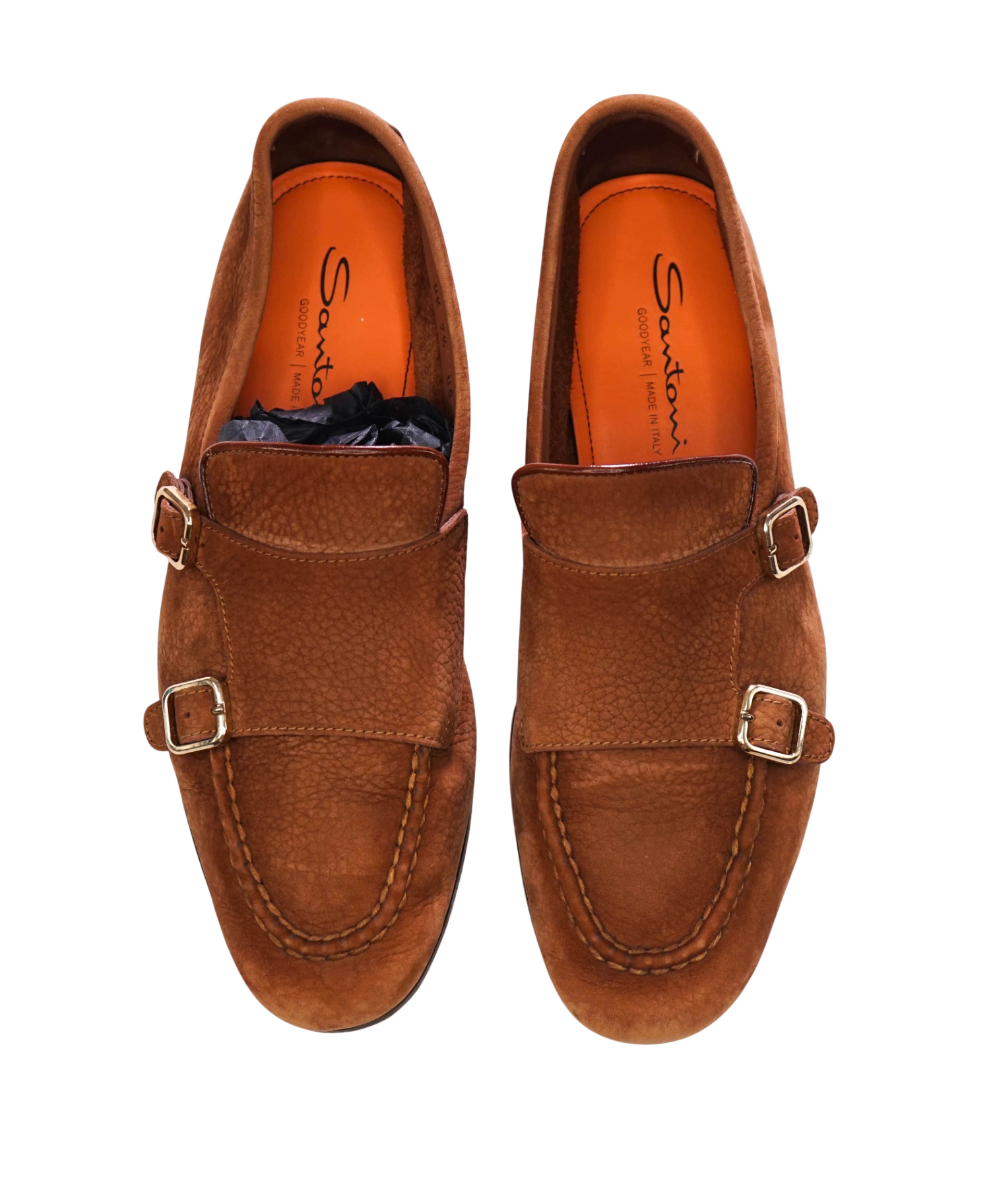 $920 SANTONI - Brown "GOODYEAR" Suede Monk Loafers - US 8.5 (7.5UK)