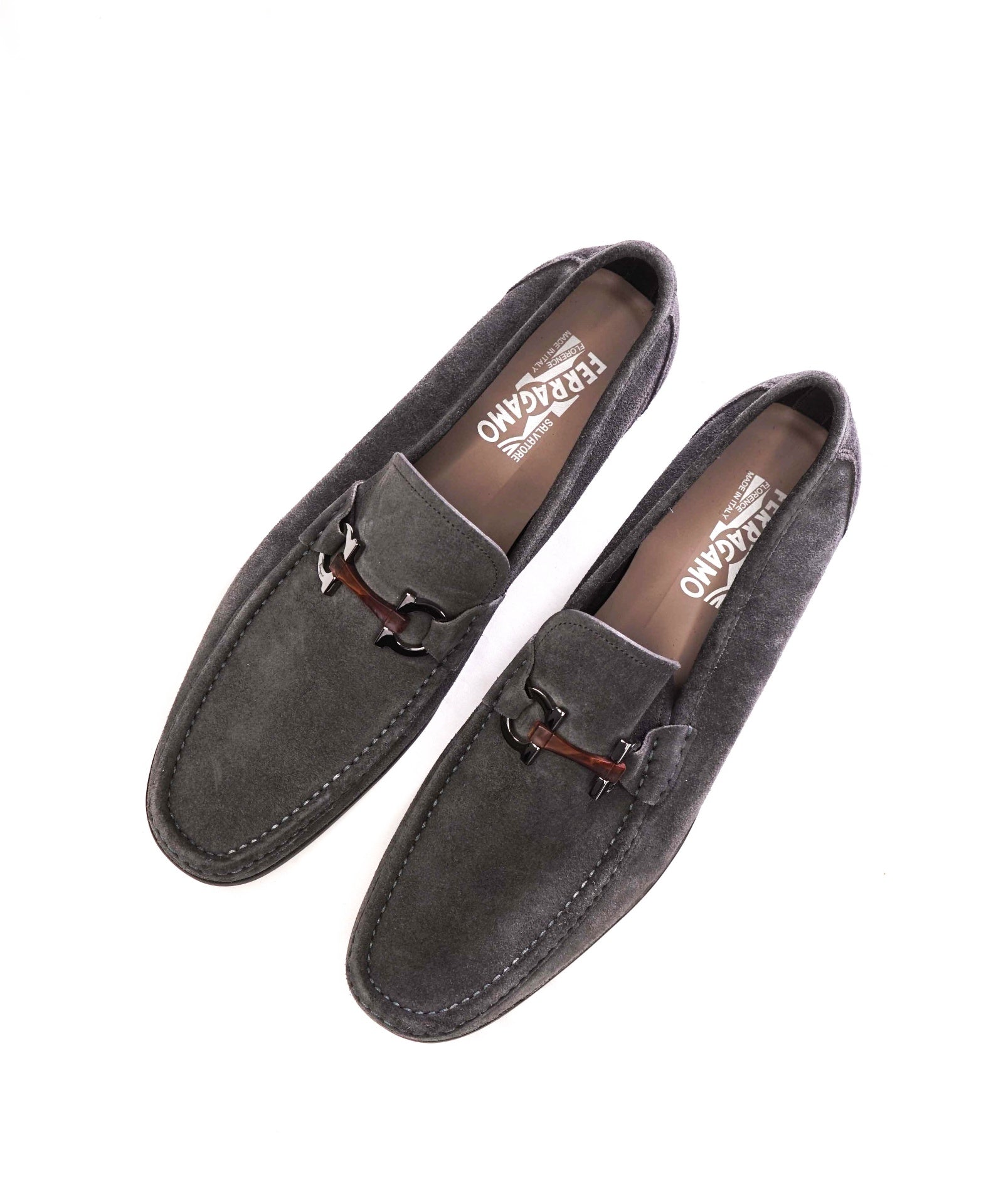 $850 FERRAGAMO - Gray Suede "GRANDIOSO" Loafers - 12 E