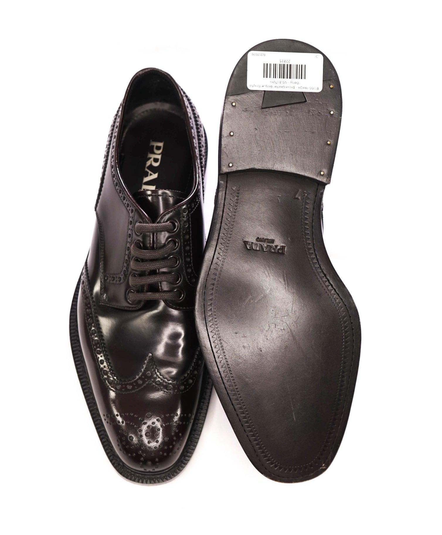 $1,190 PRADA - Brown Leather Brogue Wingtip Derby - US 8 (7UK)