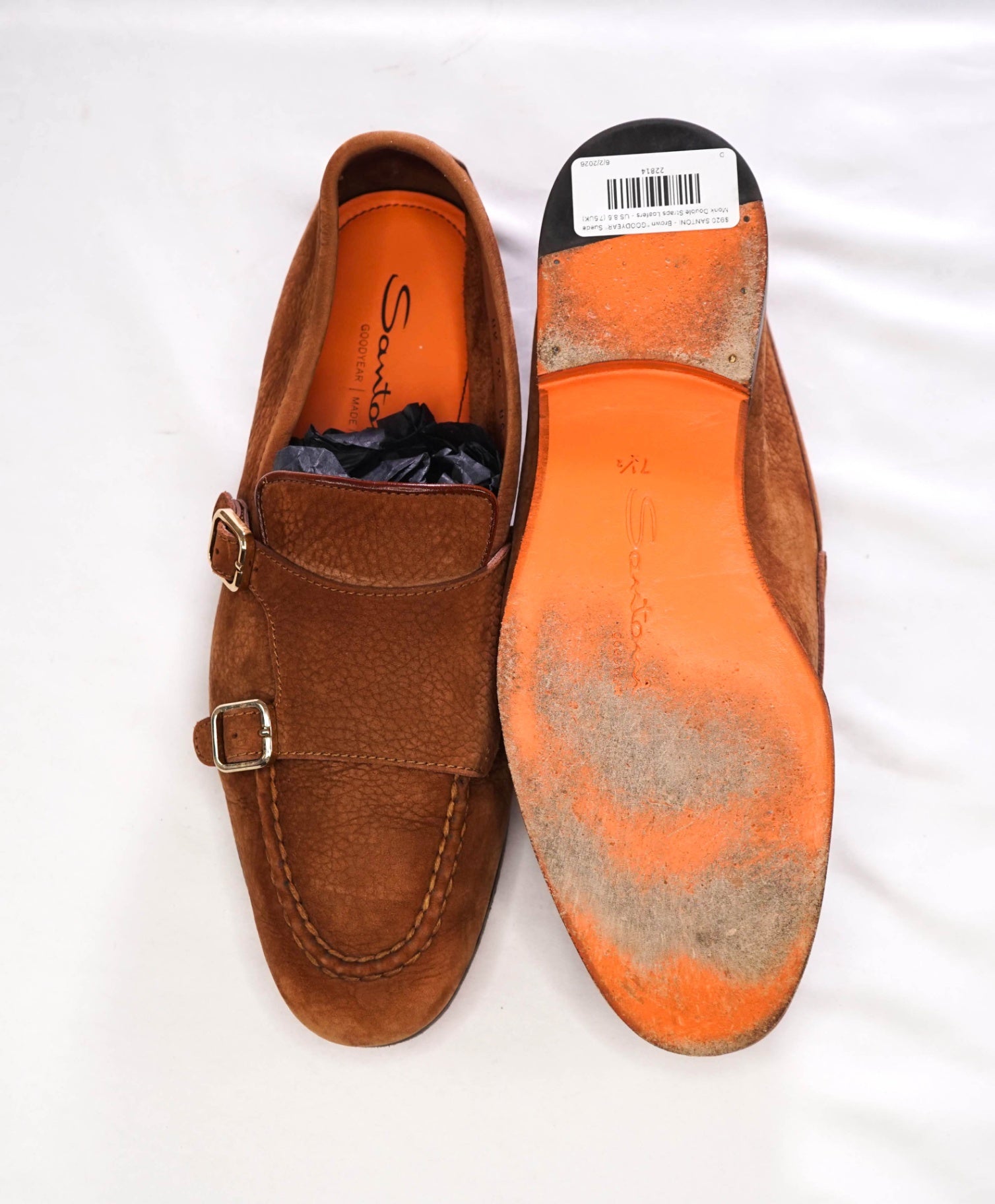 $920 SANTONI - Brown "GOODYEAR" Suede Monk Loafers - US 8.5 (7.5UK)