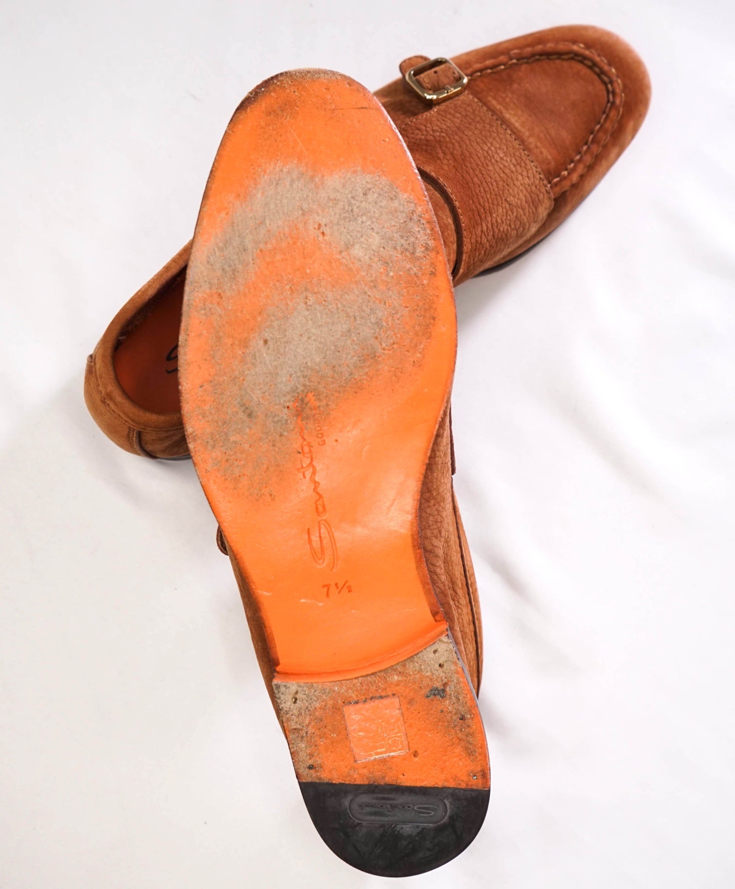 $920 SANTONI - Brown "GOODYEAR" Suede Monk Loafers - US 8.5 (7.5UK)