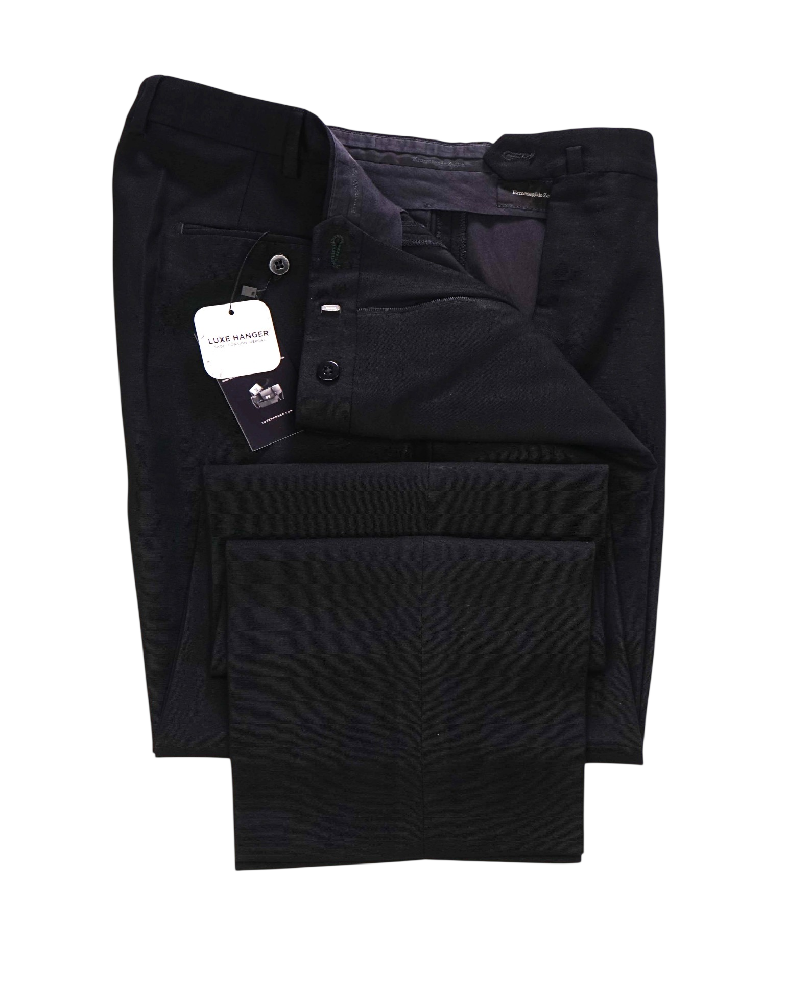 $695 ZEGNA - Solid Black Wool Flat Front Pants - 34W