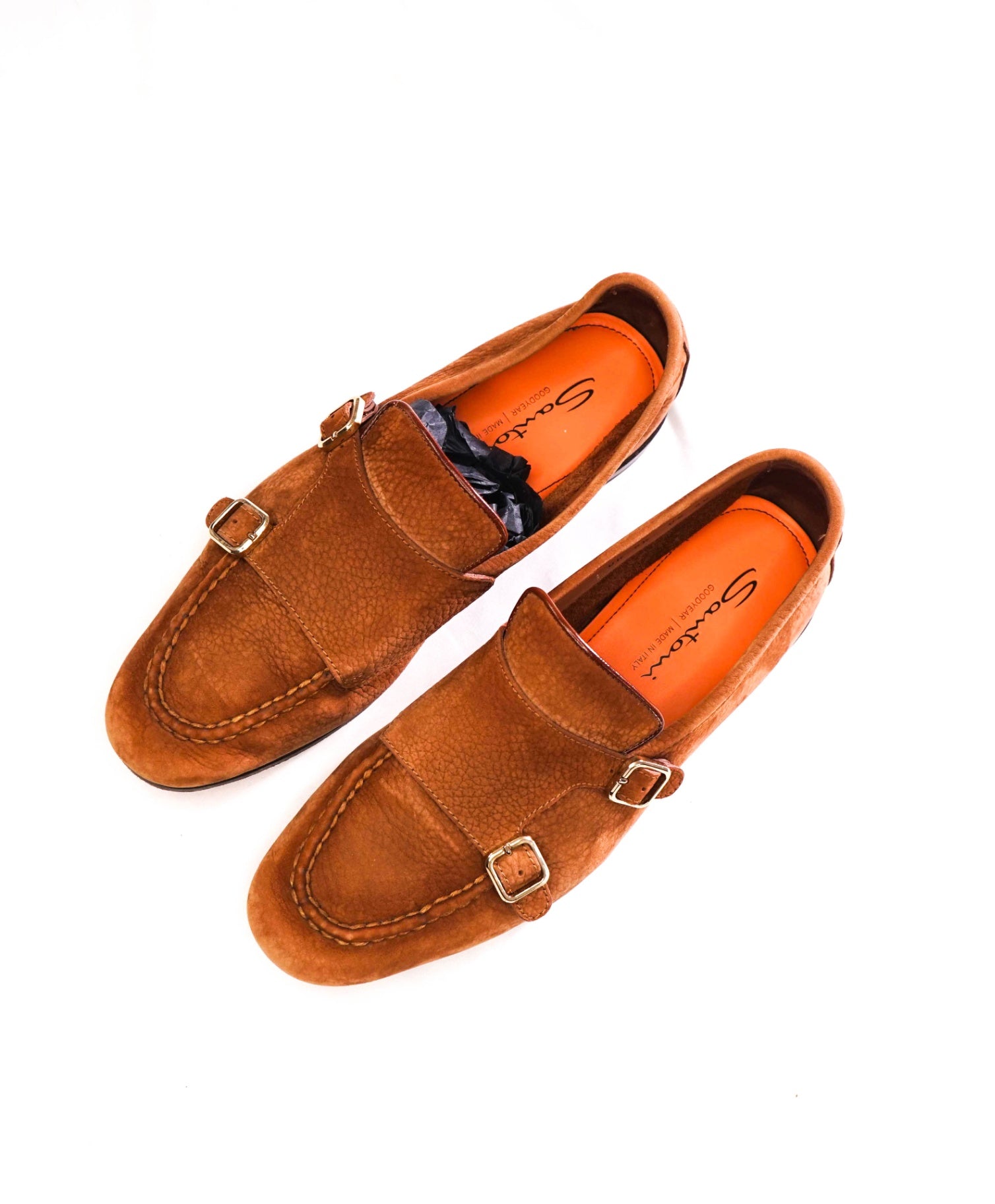 $920 SANTONI - Brown "GOODYEAR" Suede Monk Loafers - US 8.5 (7.5UK)