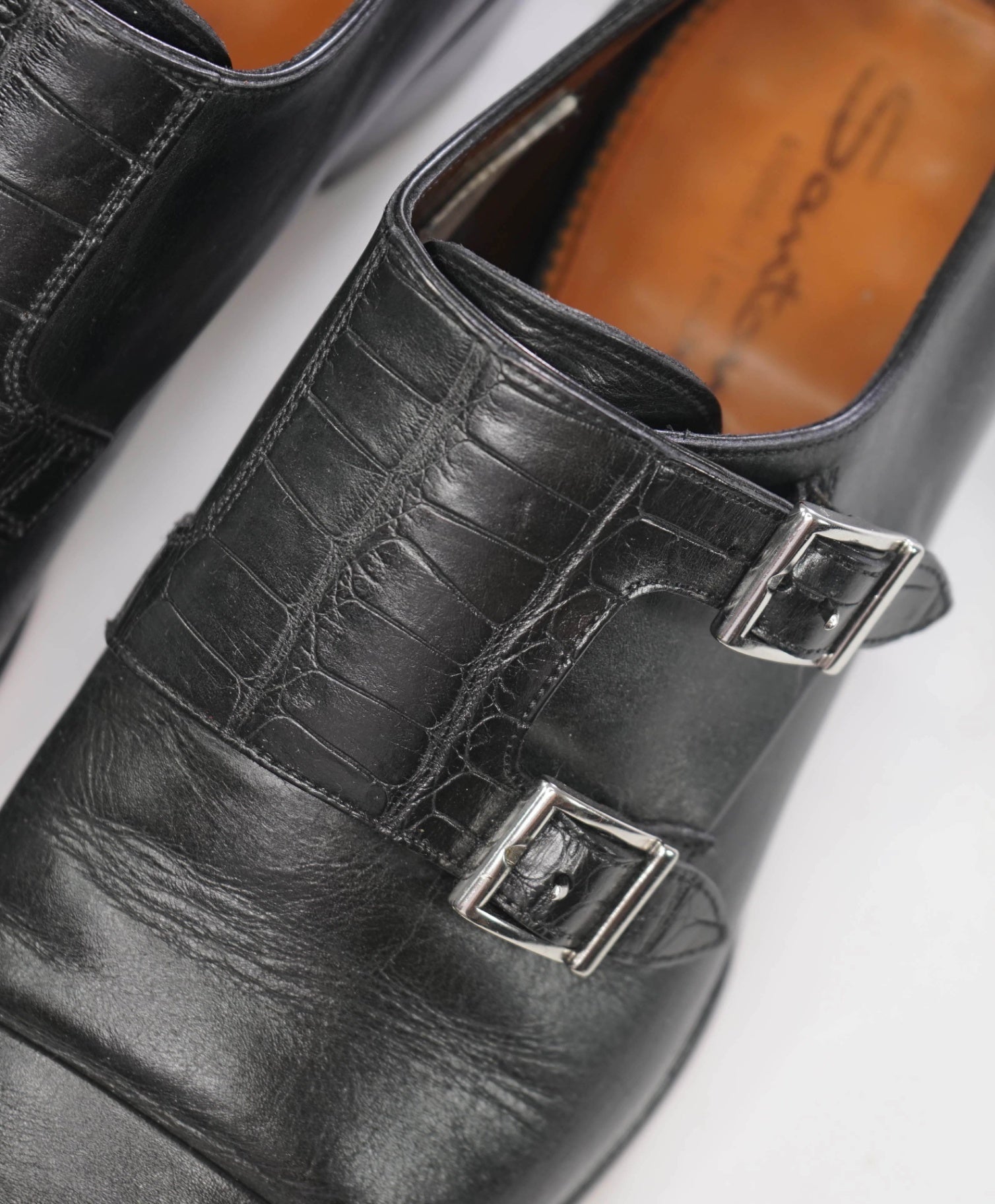 $1,595 SANTONI - Black "GOODYEAR" Crocodile Monk Straps - US 8 (7UK)
