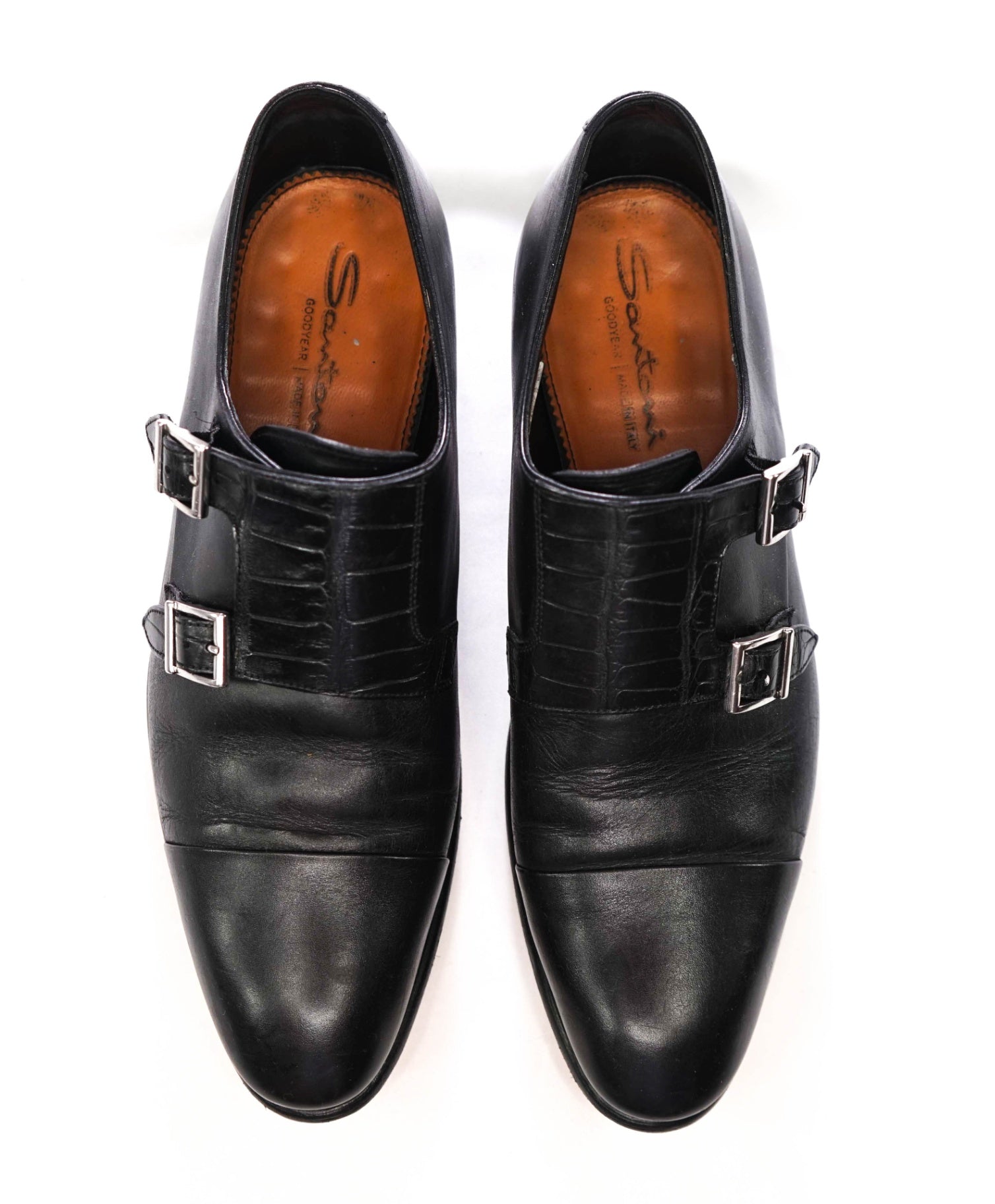 $1,595 SANTONI - Black "GOODYEAR" Crocodile Monk Straps - US 8 (7UK)