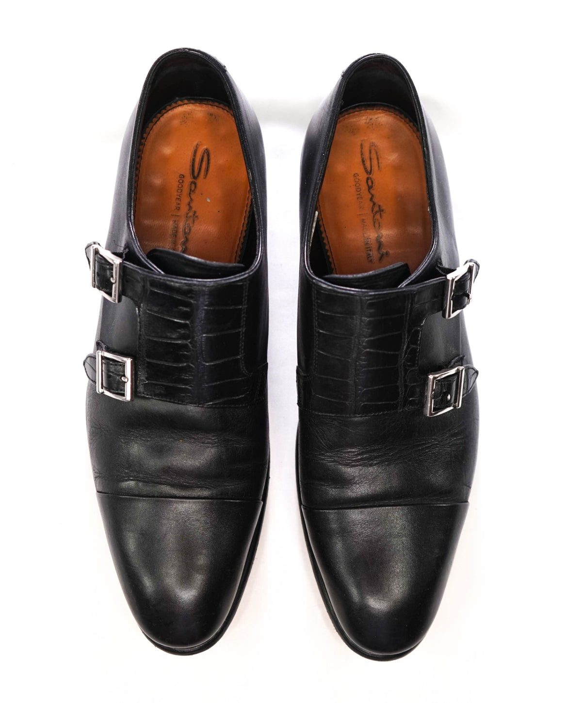 $1,595 SANTONI - Black "GOODYEAR" Crocodile Monk Straps - US 8 (7UK)