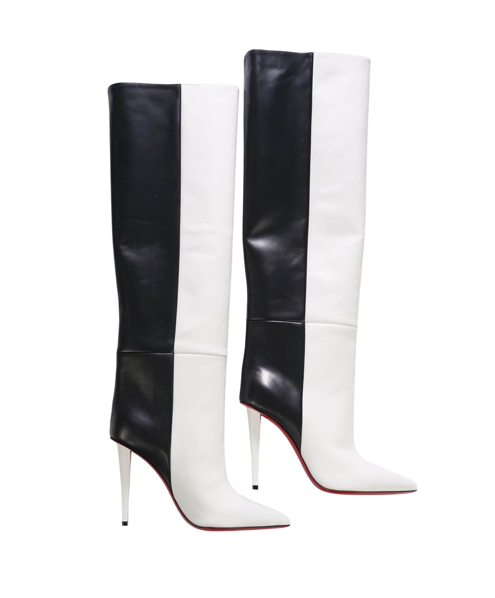 $1,995 LOUBOUTIN - Two-Tone White/Black Leather "ASTRILARGE" 100mm Knee High Boots - US 10 (40EU)