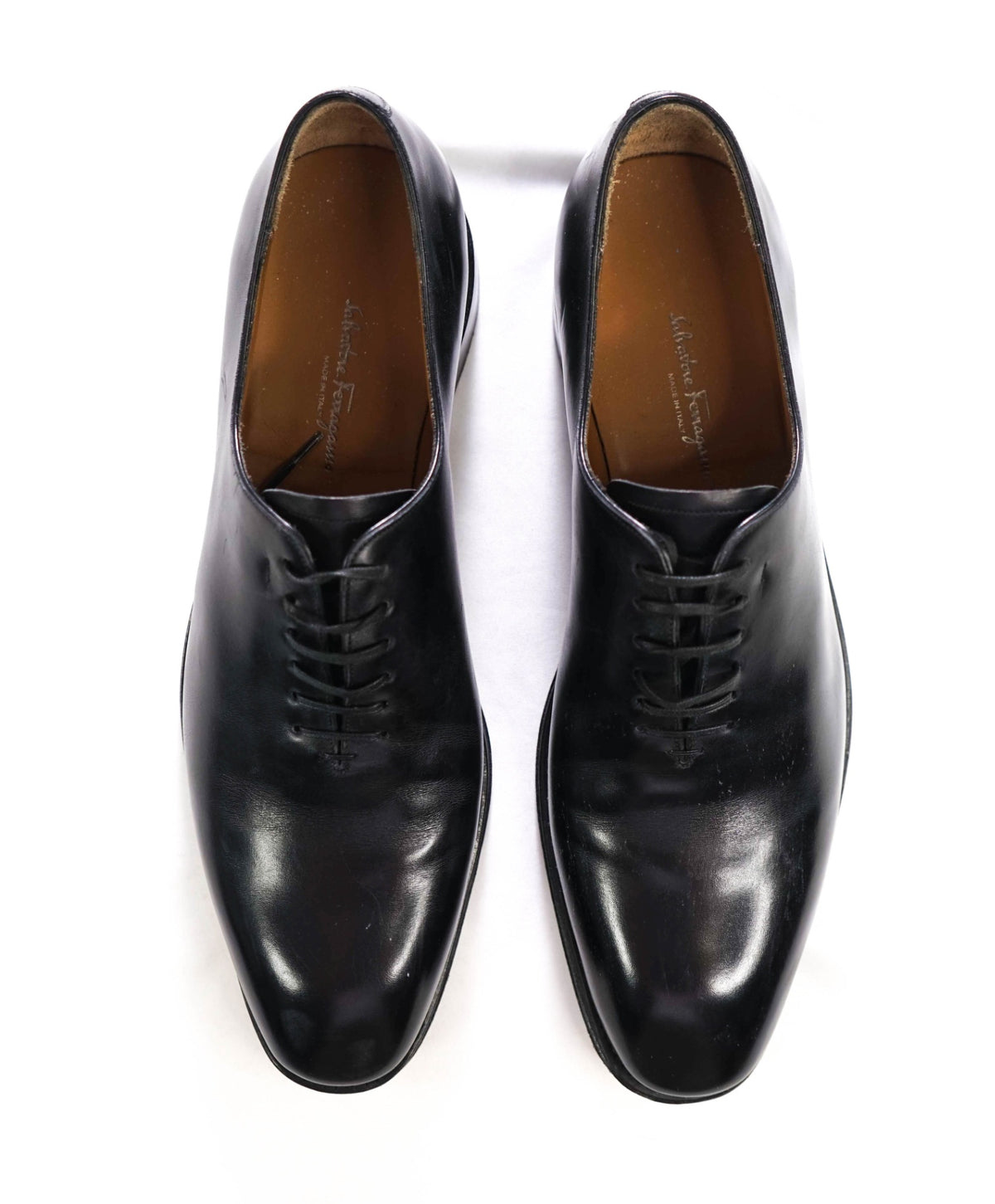 $1,395 FERRAGAMO - "TRAMEZZA" Black Leather Oxfords - 9.5 D
