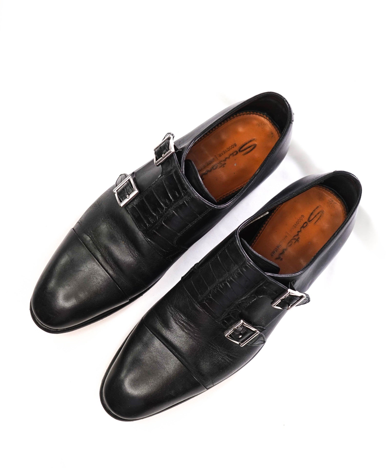 $1,595 SANTONI - Black "GOODYEAR" Crocodile Monk Straps - US 8 (7UK)