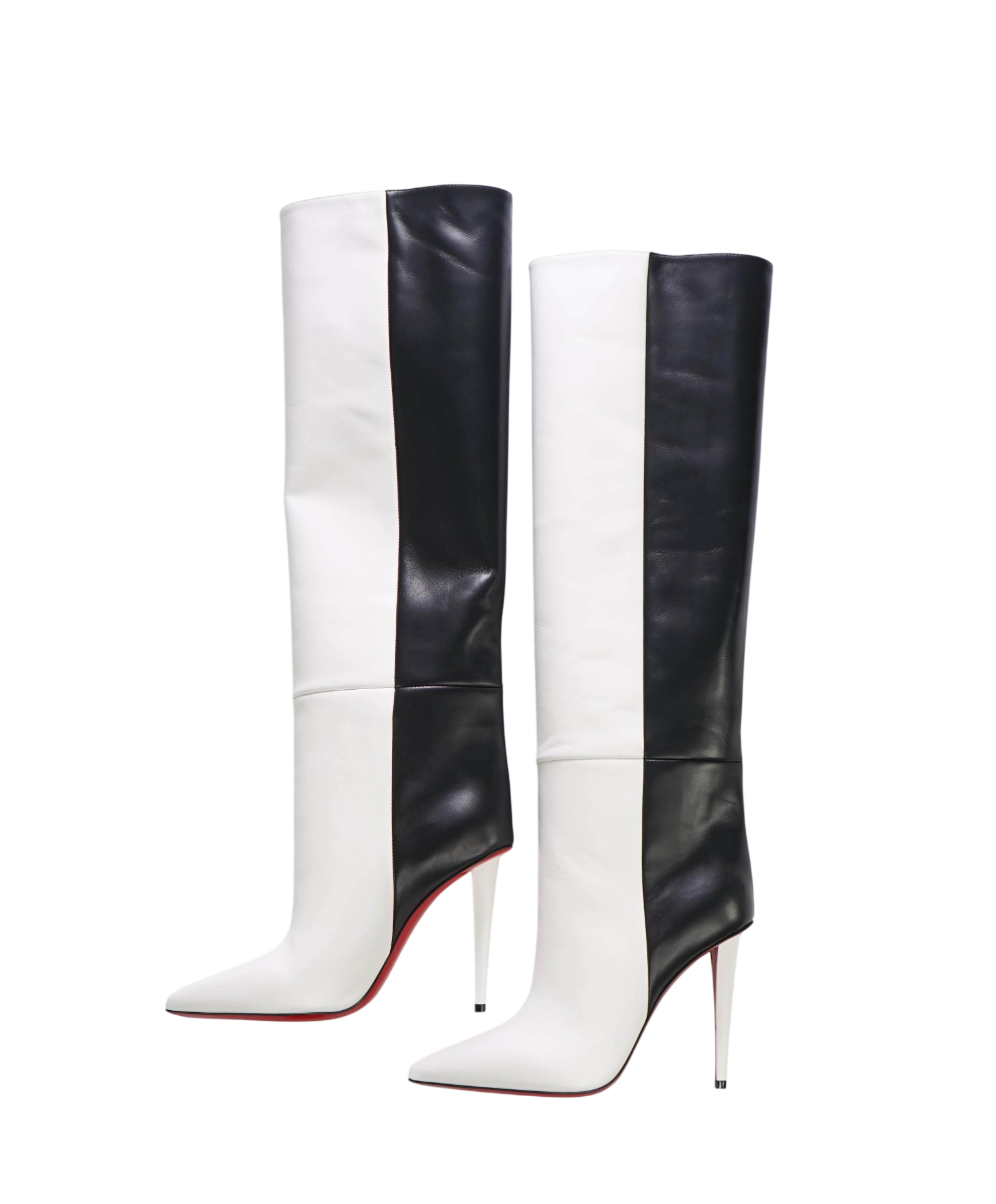 $1,995 LOUBOUTIN - Two-Tone White/Black Leather "ASTRILARGE" 100mm Knee High Boots - US 10 (40EU)