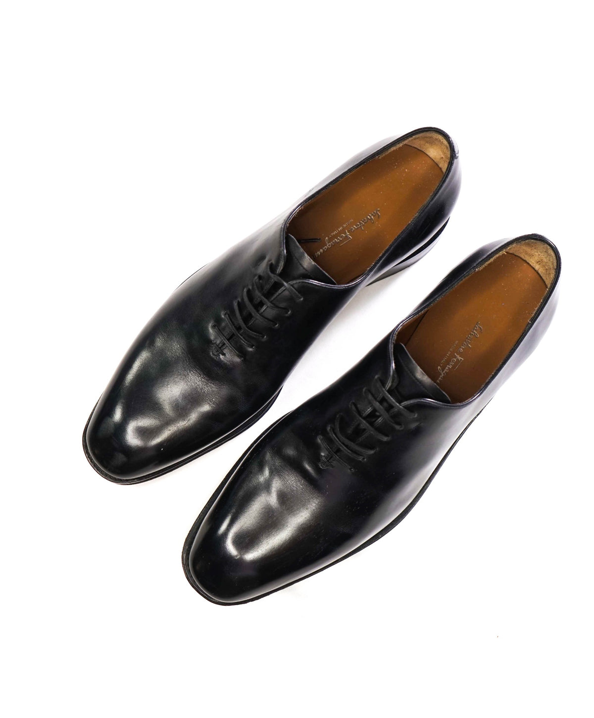$1,395 FERRAGAMO - "TRAMEZZA" Black Leather Oxfords - 9.5 D