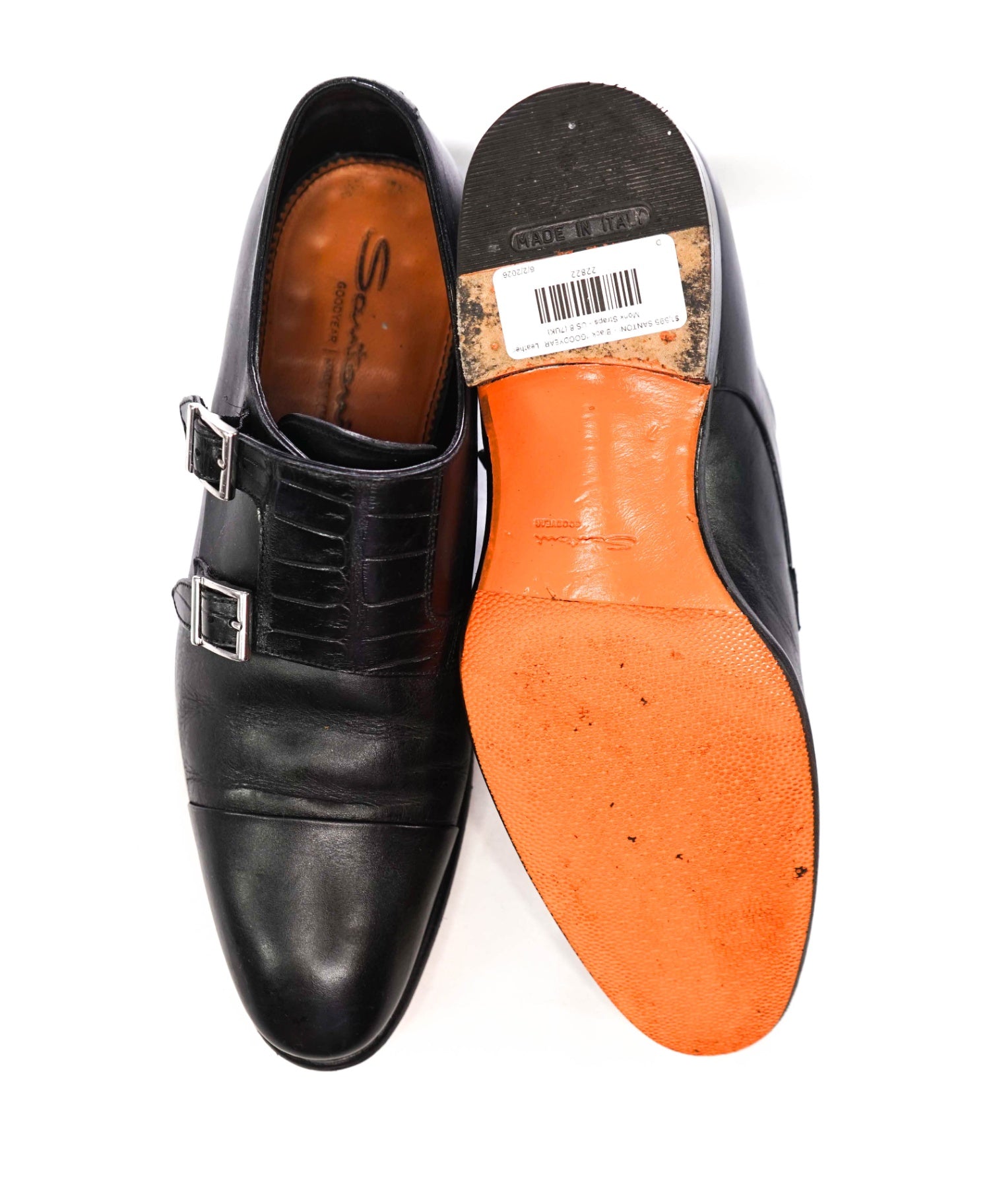 $1,595 SANTONI - Black "GOODYEAR" Crocodile Monk Straps - US 8 (7UK)