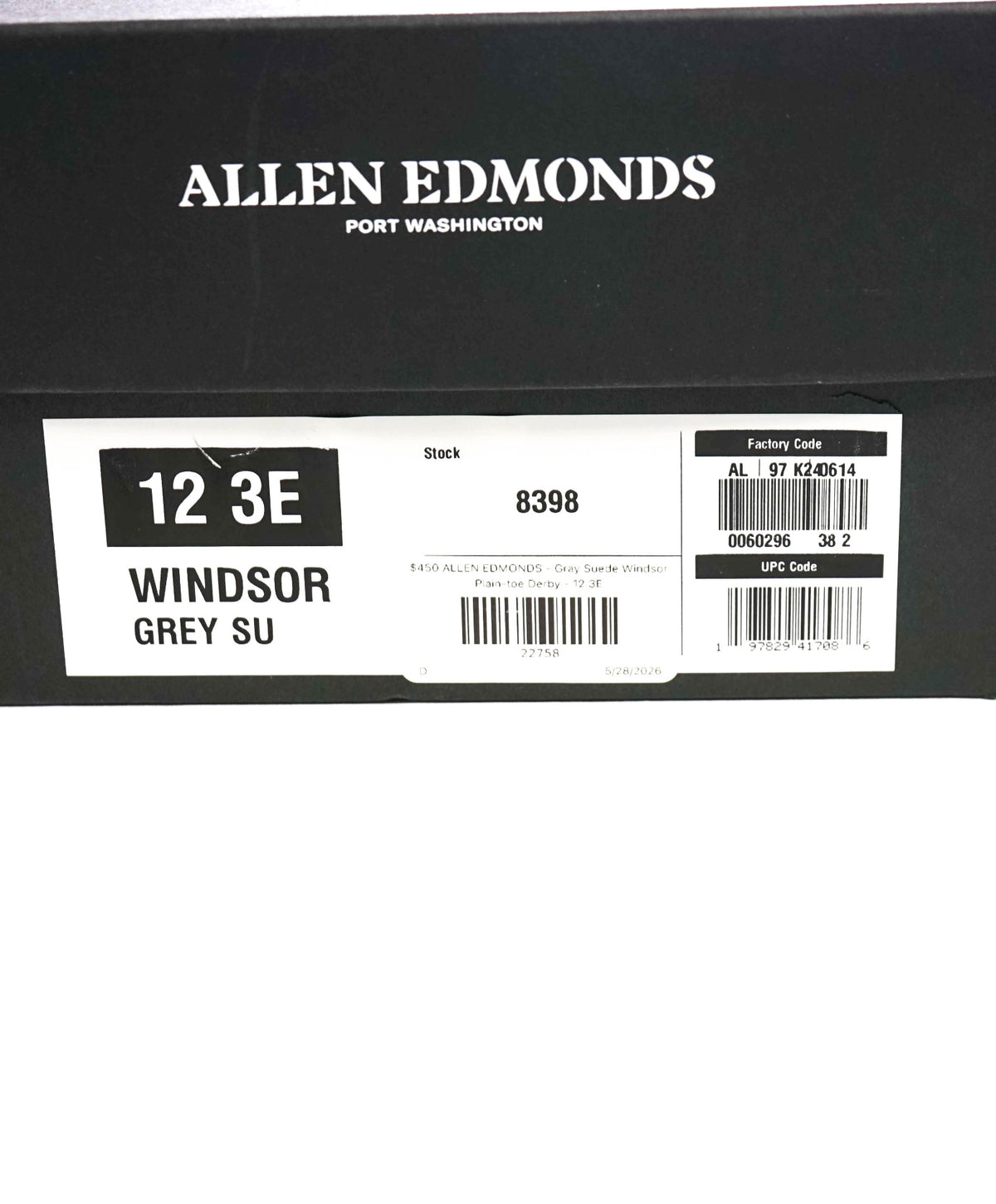 $450 ALLEN EDMONDS - Gray Suede Windsor Plain-toe Derby - 12 3E
