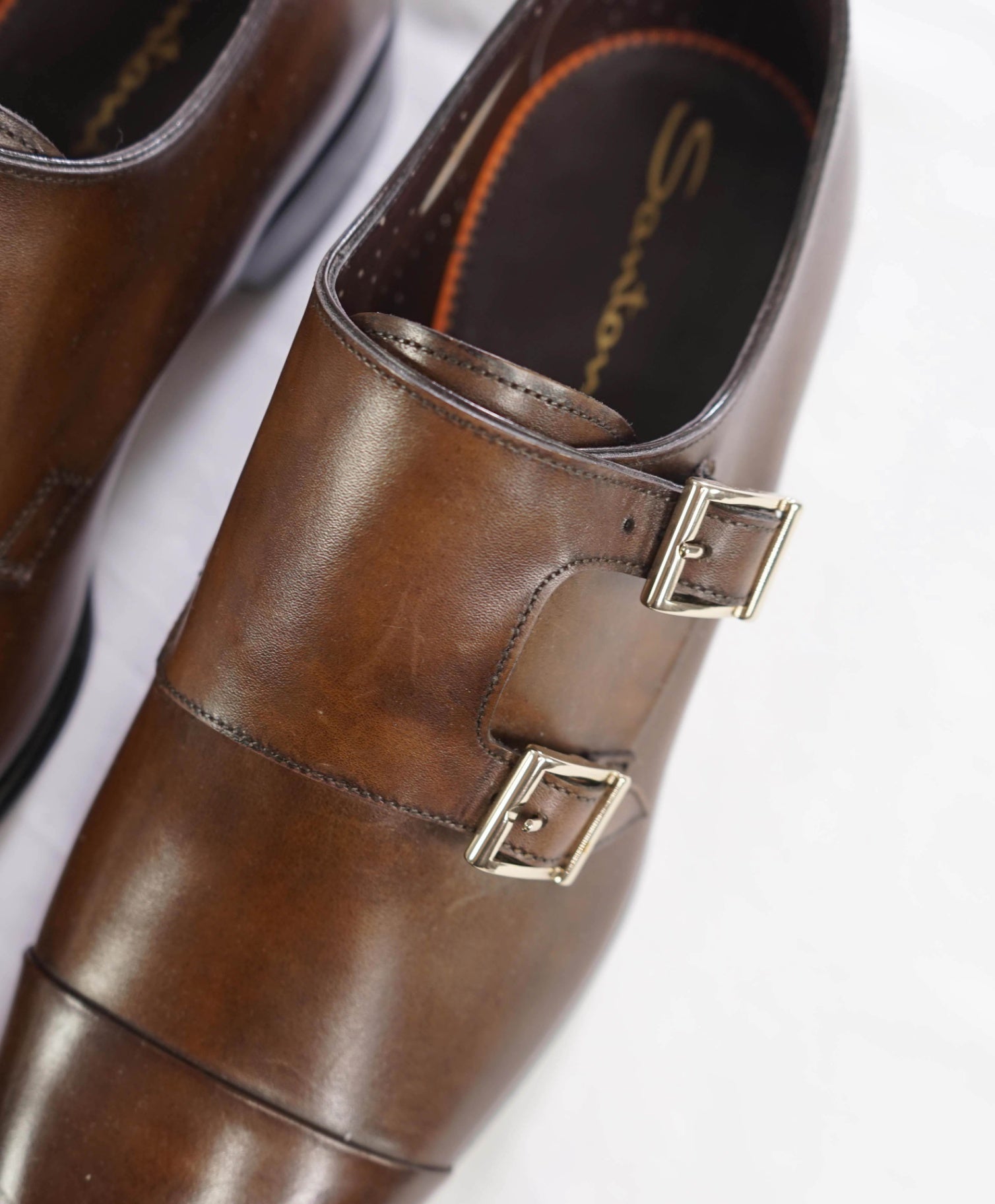 $1,595 SANTONI - Brown Leather "ISAAC" Monk Straps - US 9 (8UK)