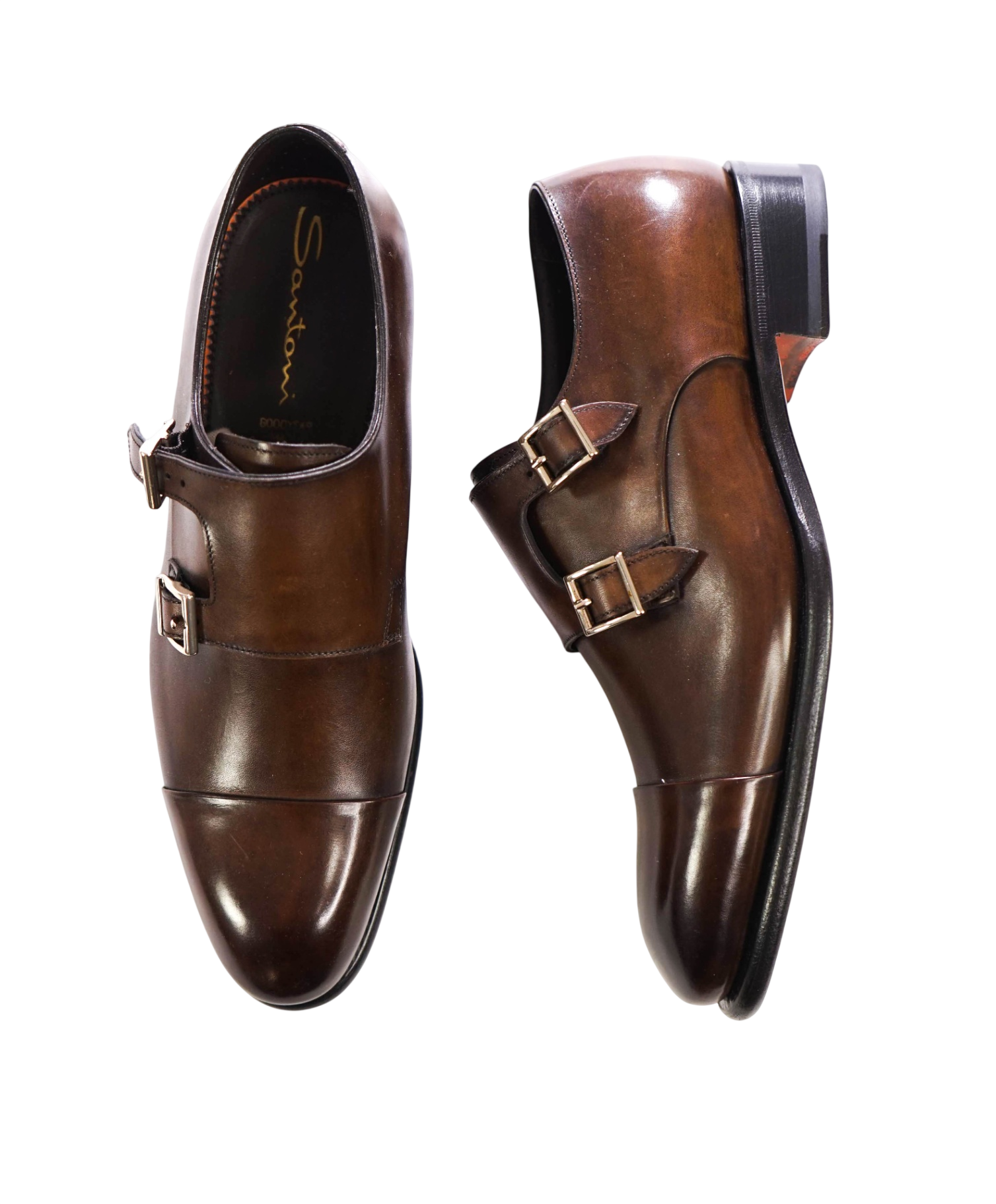 $1,595 SANTONI - Brown Leather "ISAAC" Monk Straps - US 9 (8UK)