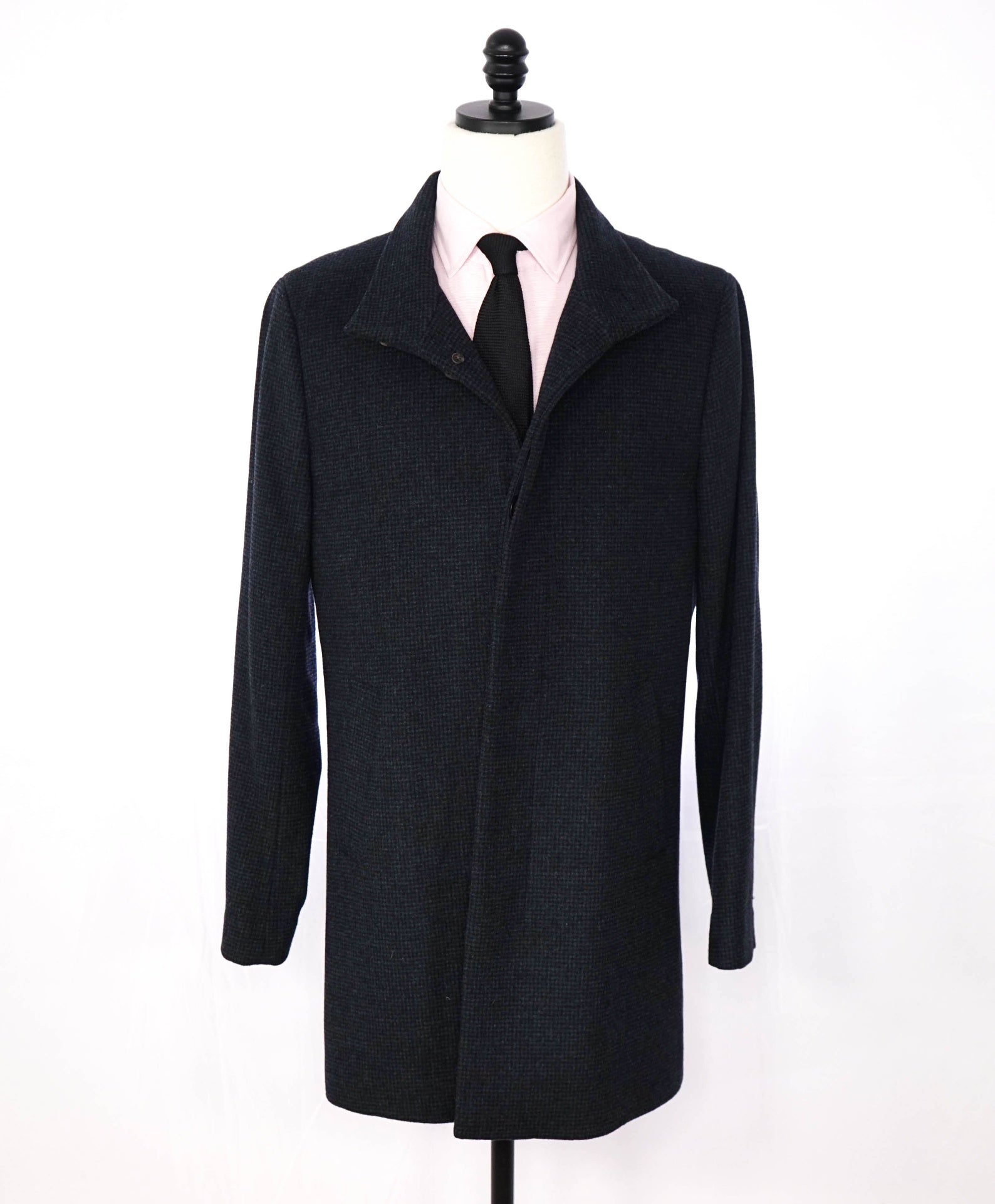 $998 SAKS FIFTH AVENUE - Navy Blue Gingham Wool Overcoat - M