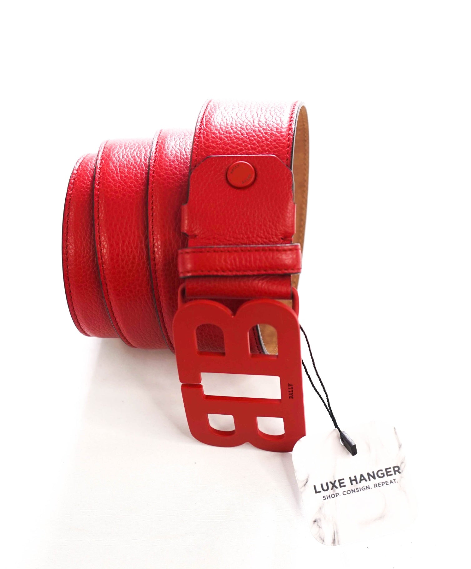 $425 BALLY - Red Leather Mirror Logo Buckle Belt - 40W