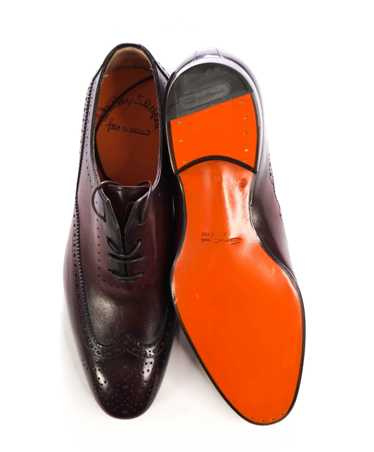 $1,295 SANTONI - Burgundy Leather Wingtip Oxfords - US 9 (8UK)