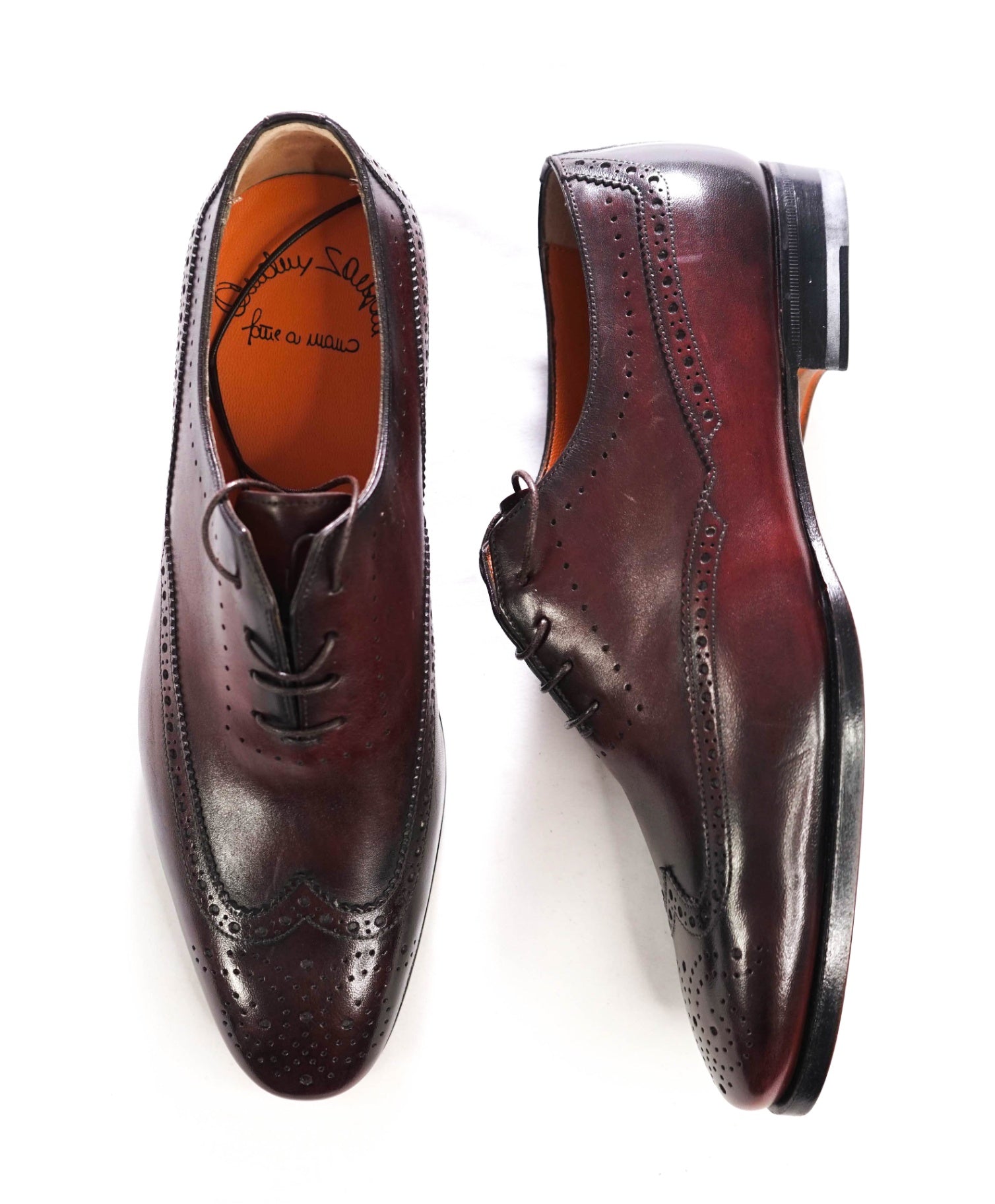 $1,295 SANTONI - Burgundy Leather Wingtip Oxfords - US 9 (8UK)