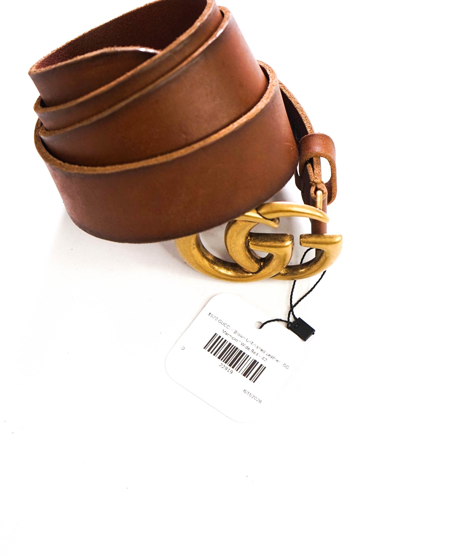 $570 GUCCI - Brown Unfinished Leather "GG Marmont" Wide Belt - 42