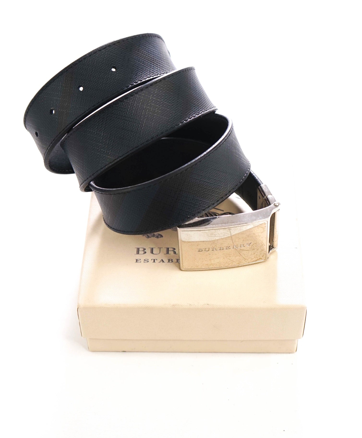 $295 BURBERRY - Blue/Black Reversible Canvas/Leather Belt - 38W