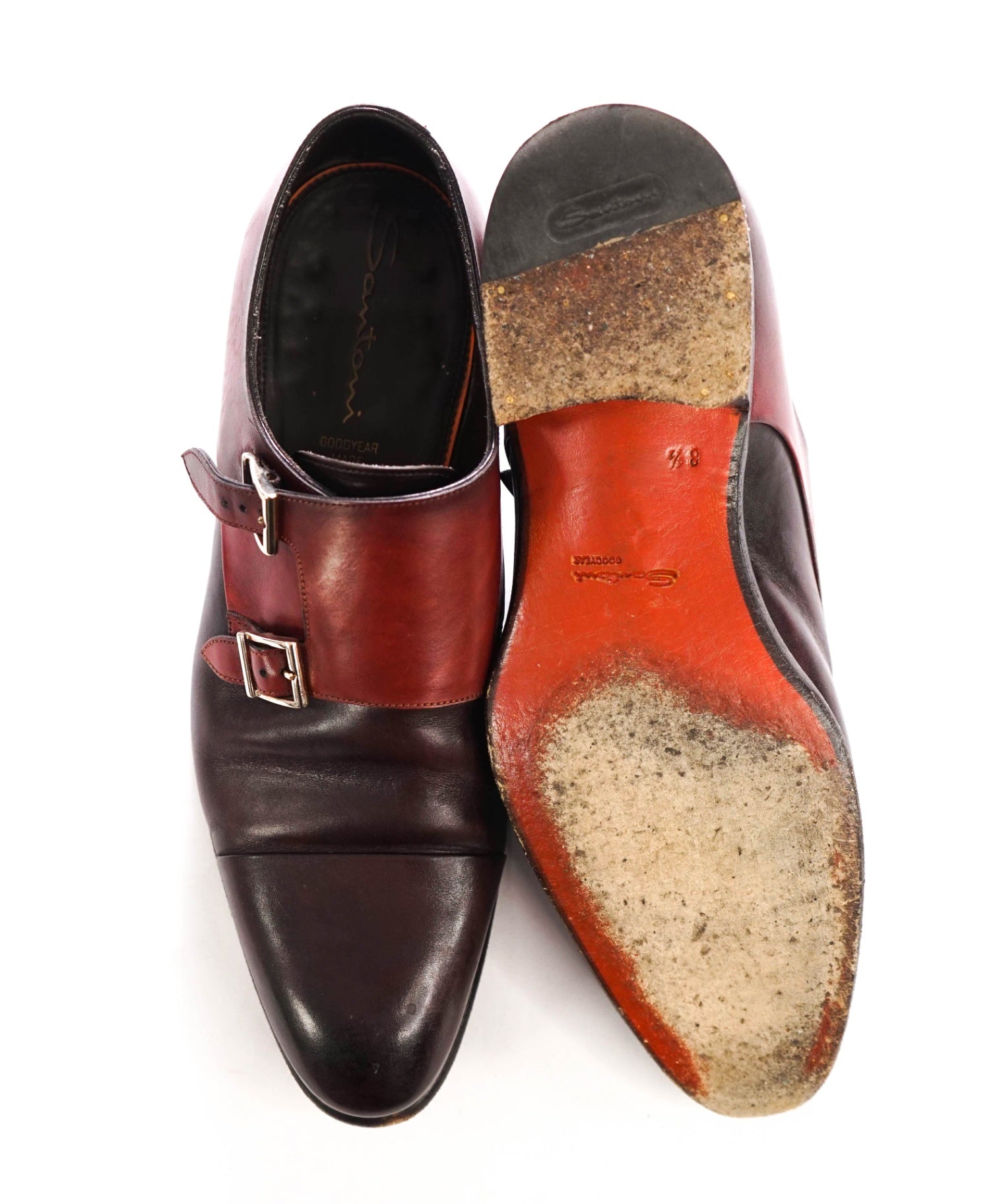 $1,595 SANTONI - Burgundy "GOODYEAR" Leather Monk Straps - US 9.5 (8.5UK)