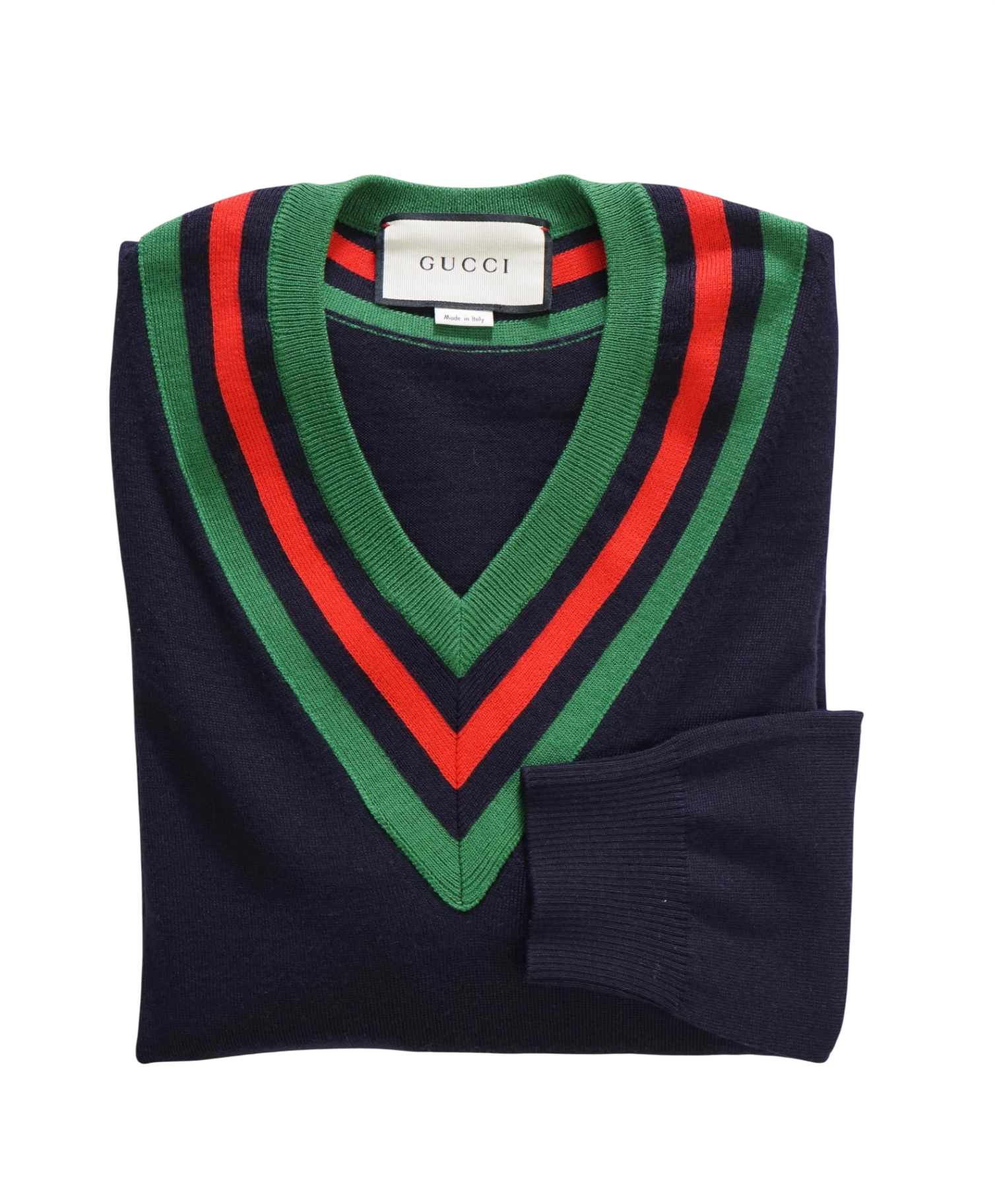 $1,480 GUCCI - Navy Blue Wool Cricket V-Neck Sweater - M