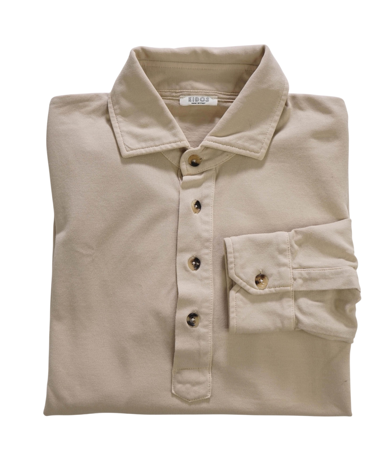 $300 EIDOS - Solid Beige Cotton Long Sleeve Polo Shirt - M