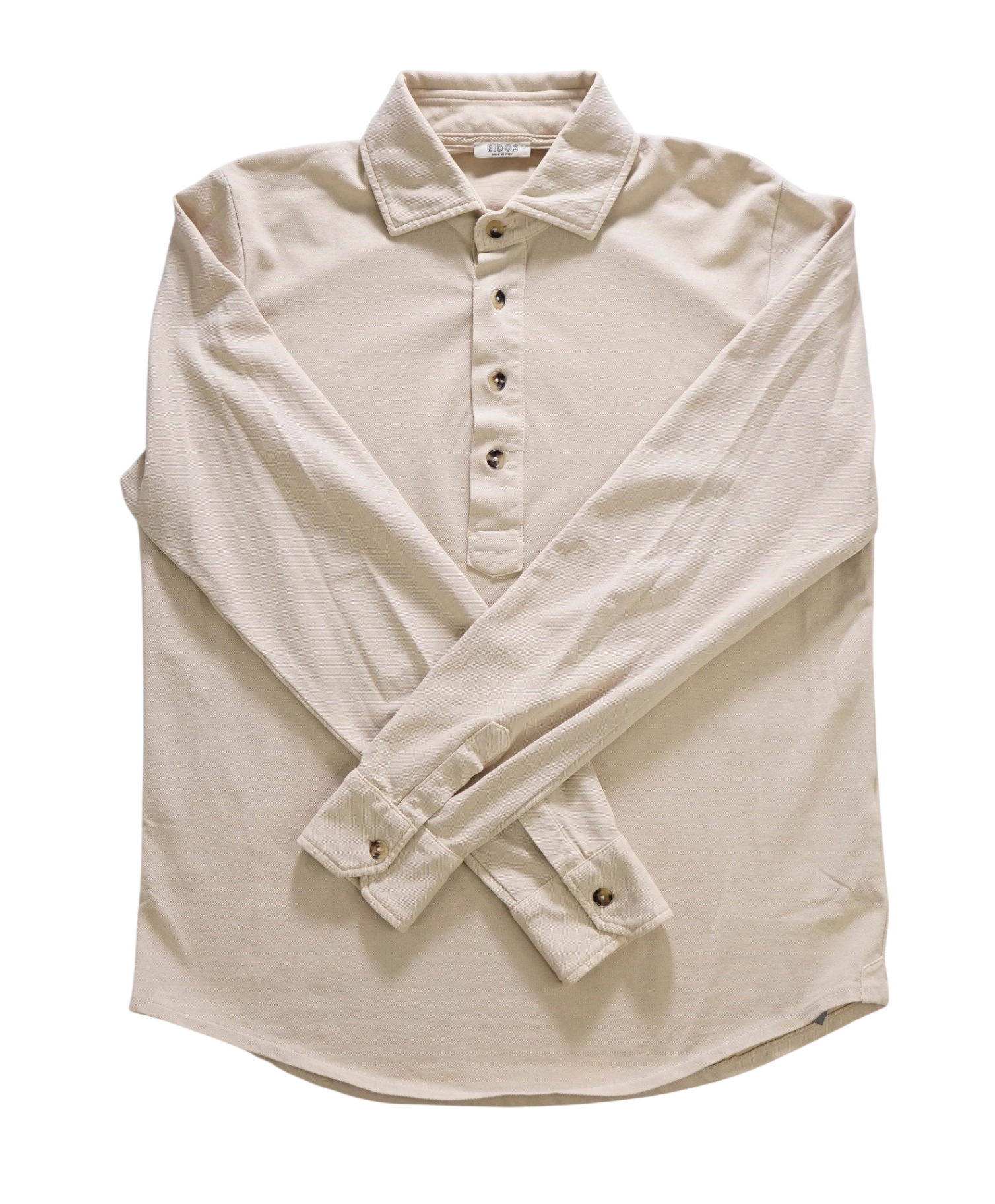 $300 EIDOS - Solid Beige Cotton Long Sleeve Polo Shirt - M