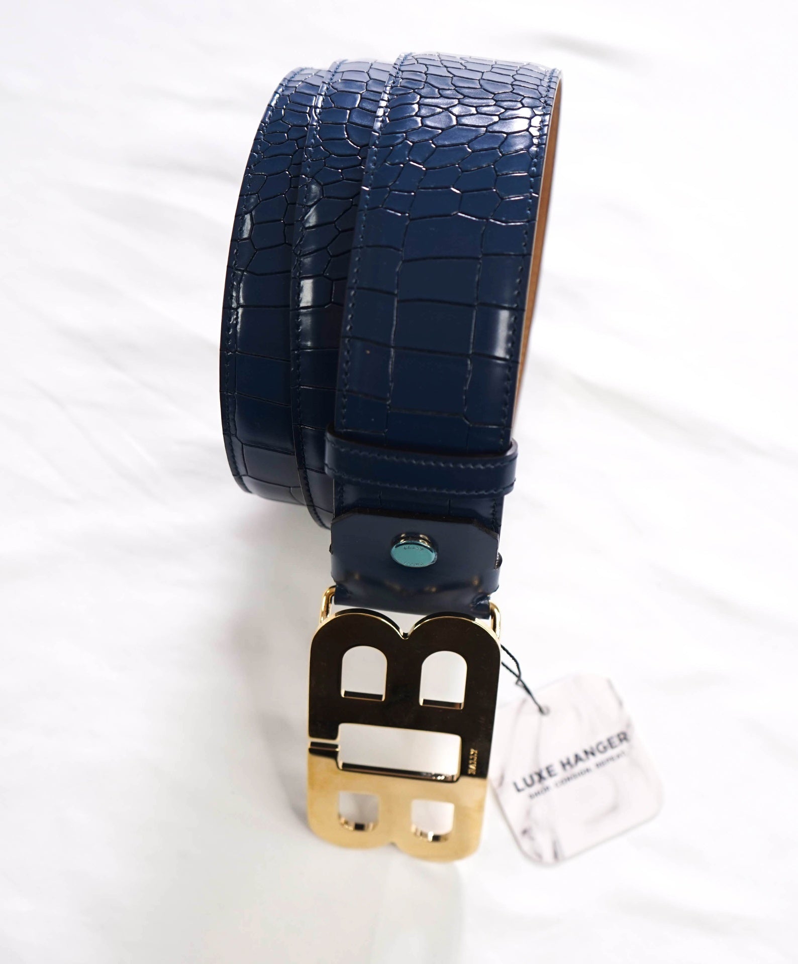 $430 BALLY - Blue Alligator Leather Mirror B Belt - 44W