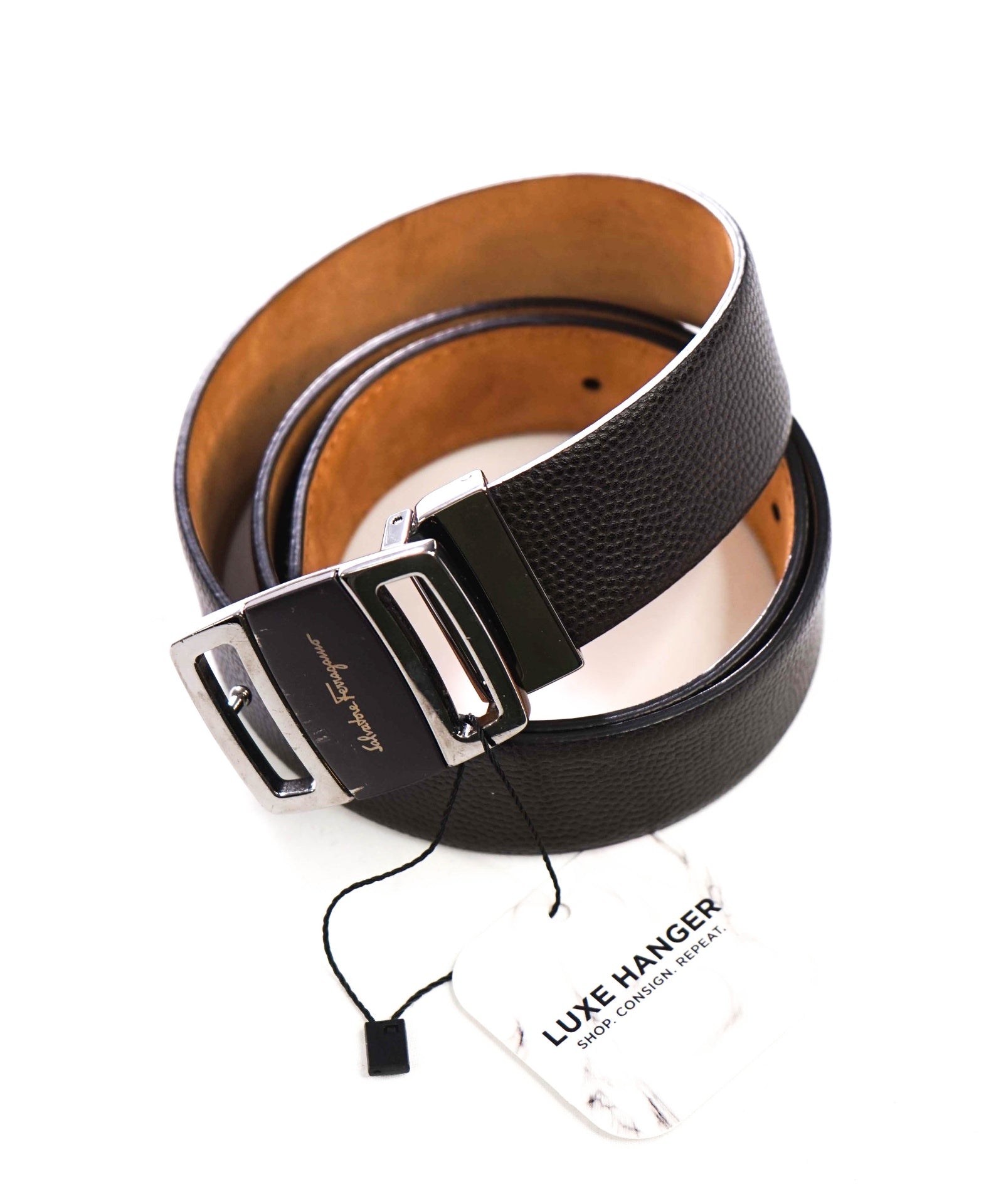 FERRAGAMO - Sardegna Black Pebble Leather Belt - 32W
