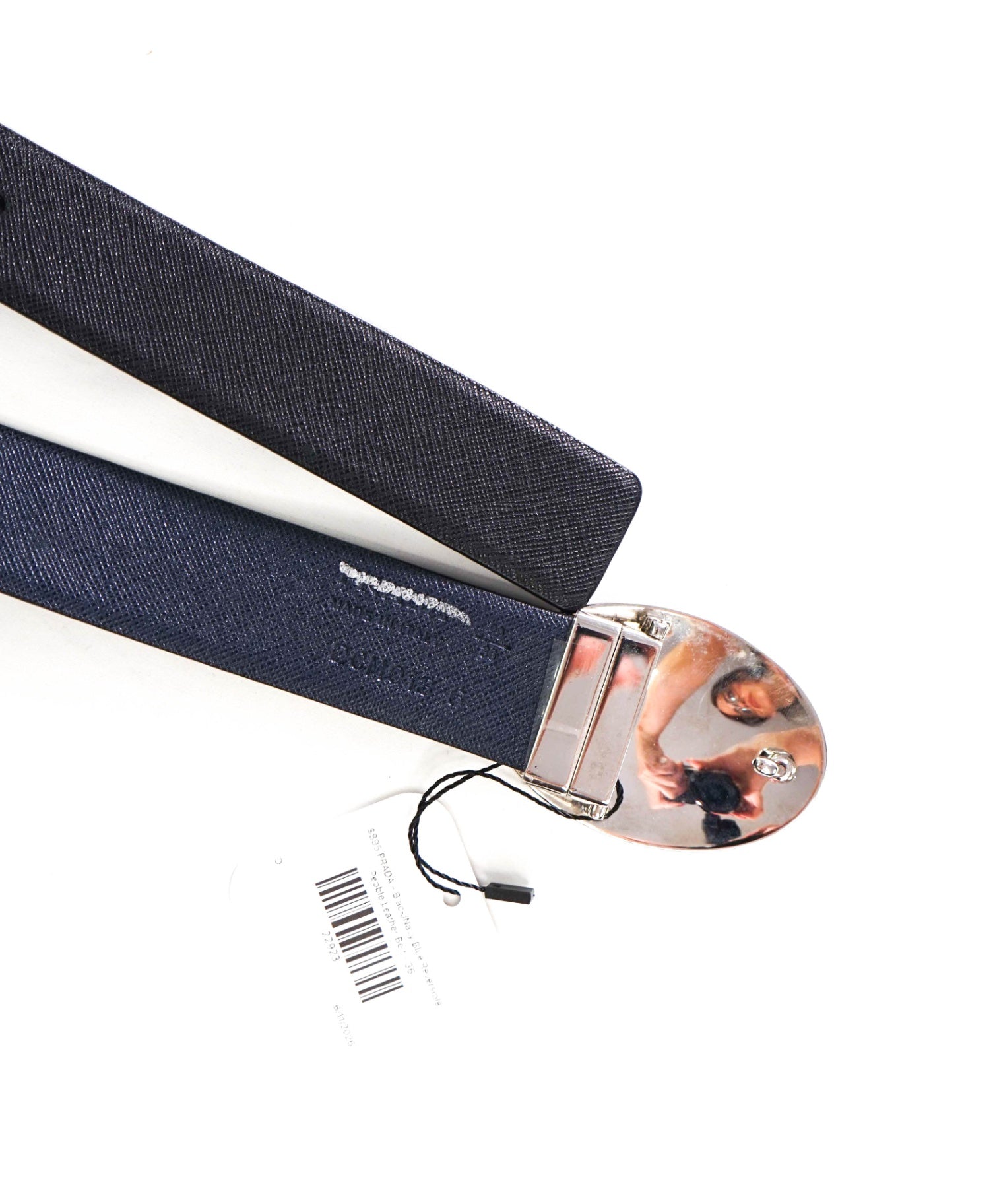 $895 PRADA - Black/Navy Blue Reversible Plaque Leather Belt - 36