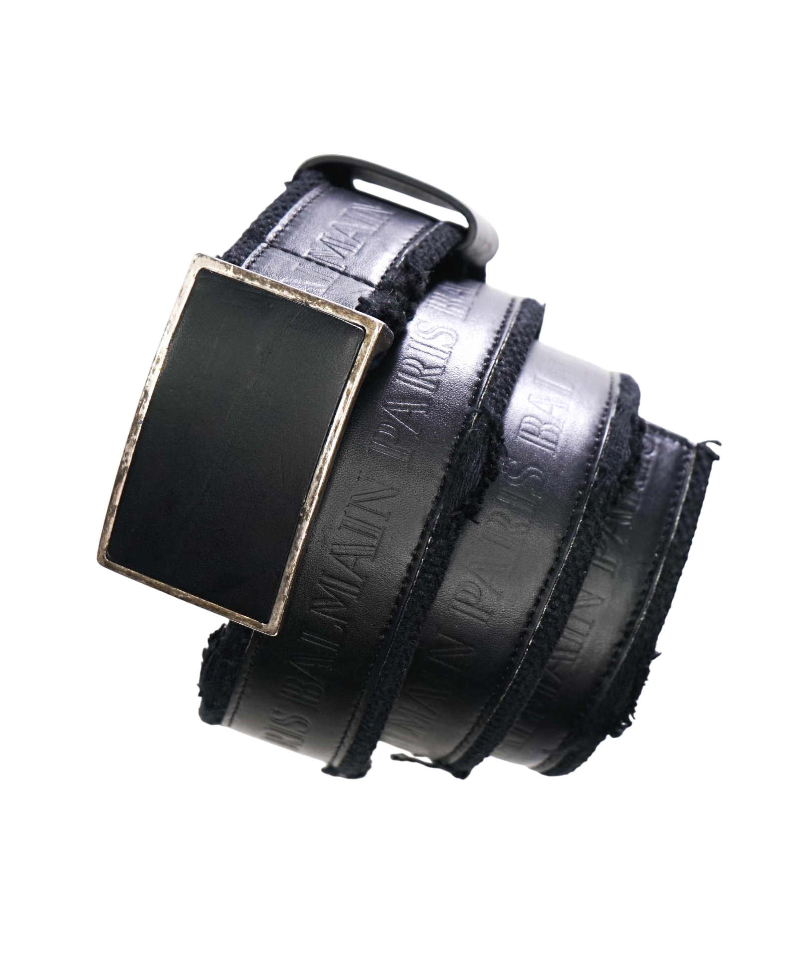 BALMAIN - Black Distressed Leather/Fabric Belt - 36