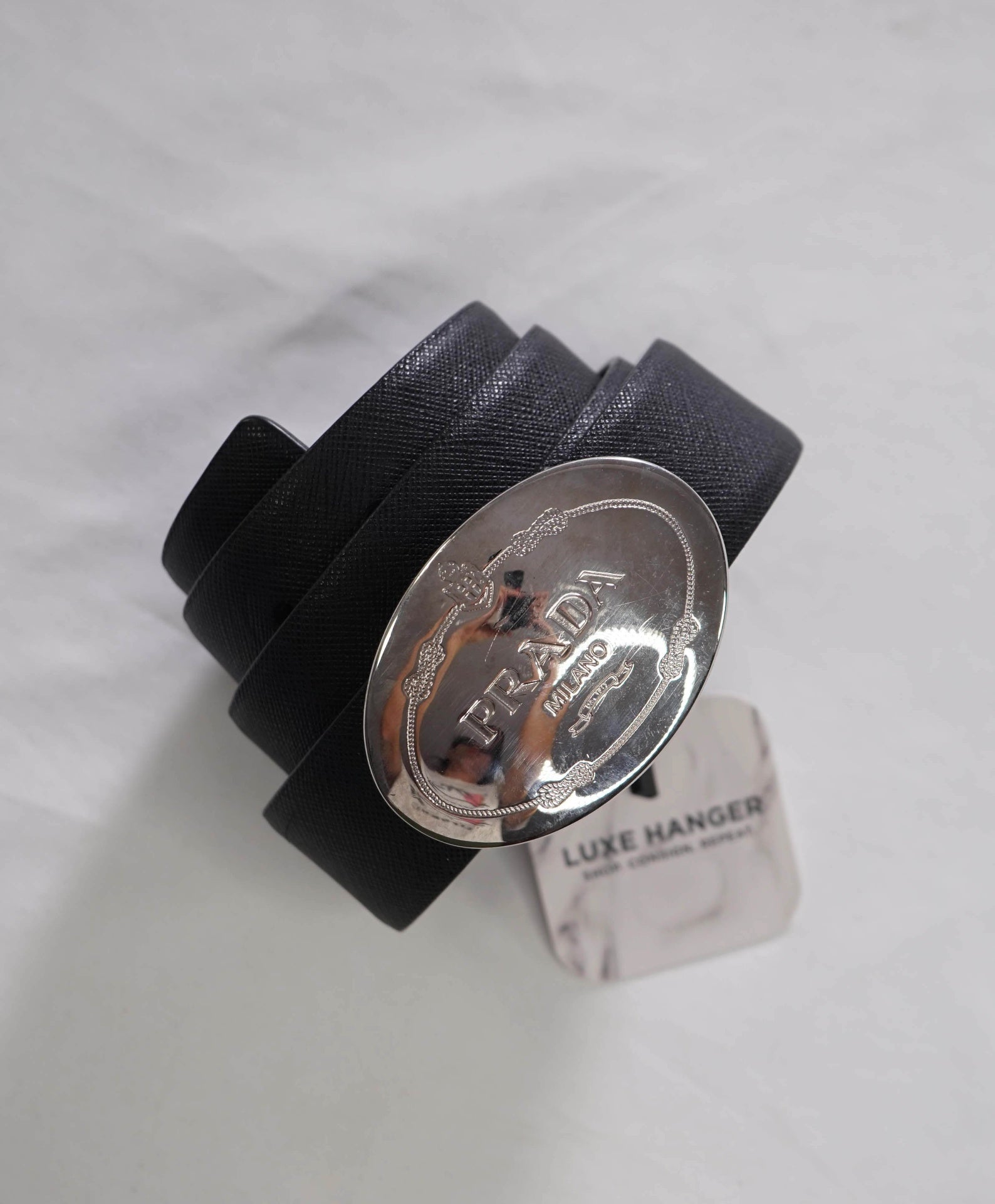 $895 PRADA - Black/Navy Blue Reversible Plaque Leather Belt - 36
