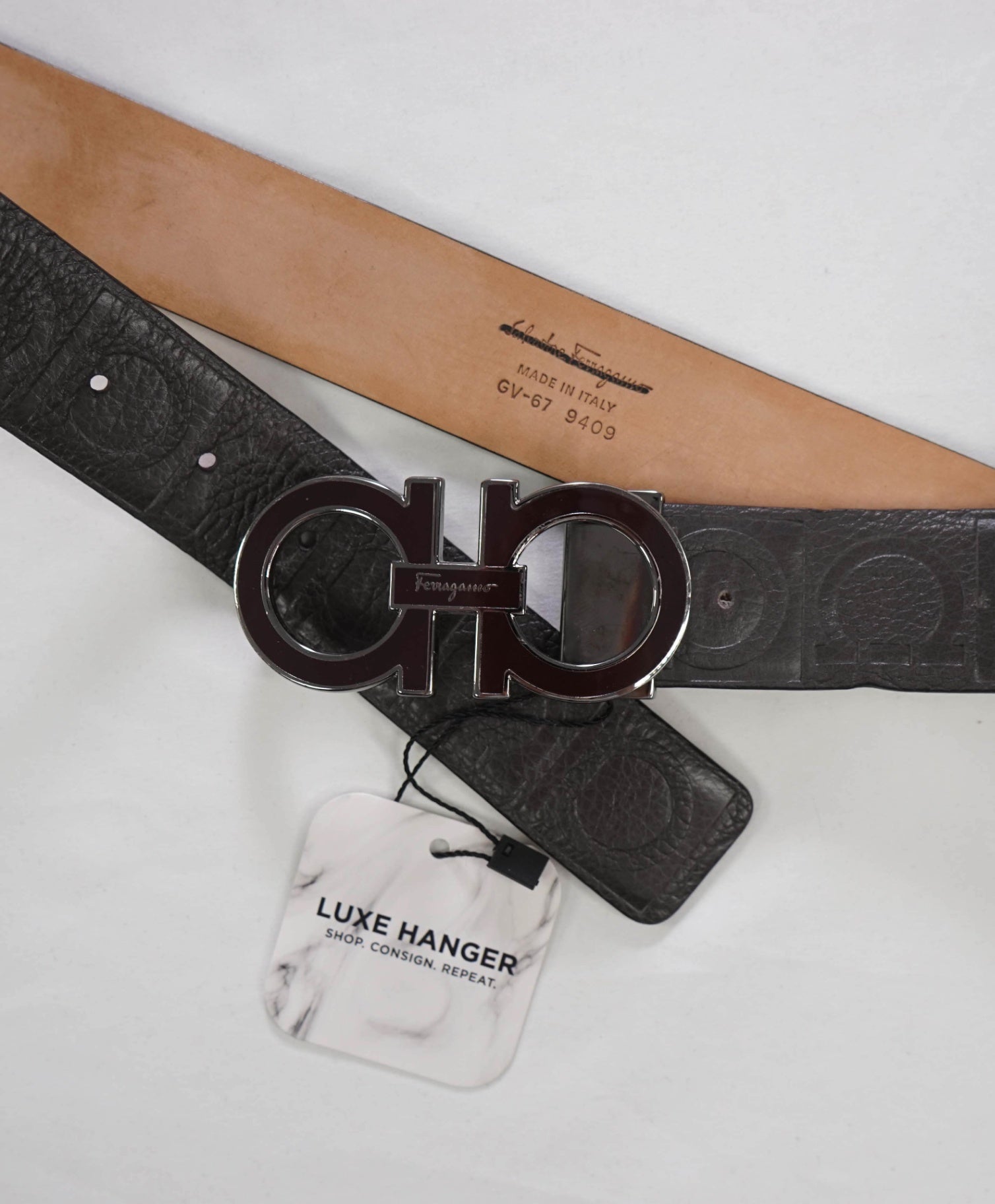 $635 FERRAGAMO - Buckle + Logo Strap Brown Gancini Belt - 40W
