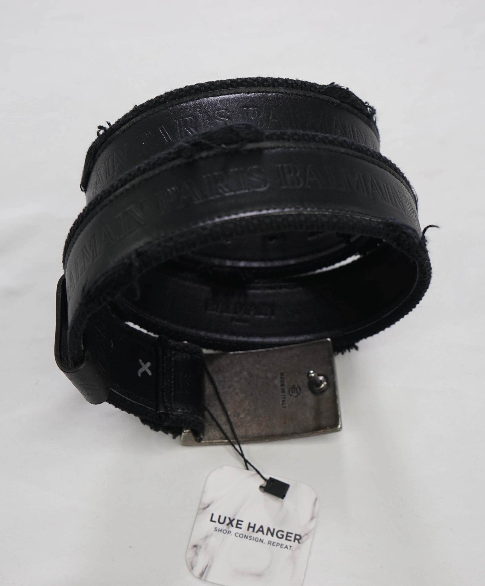BALMAIN - Black Distressed Leather/Fabric Belt - 36