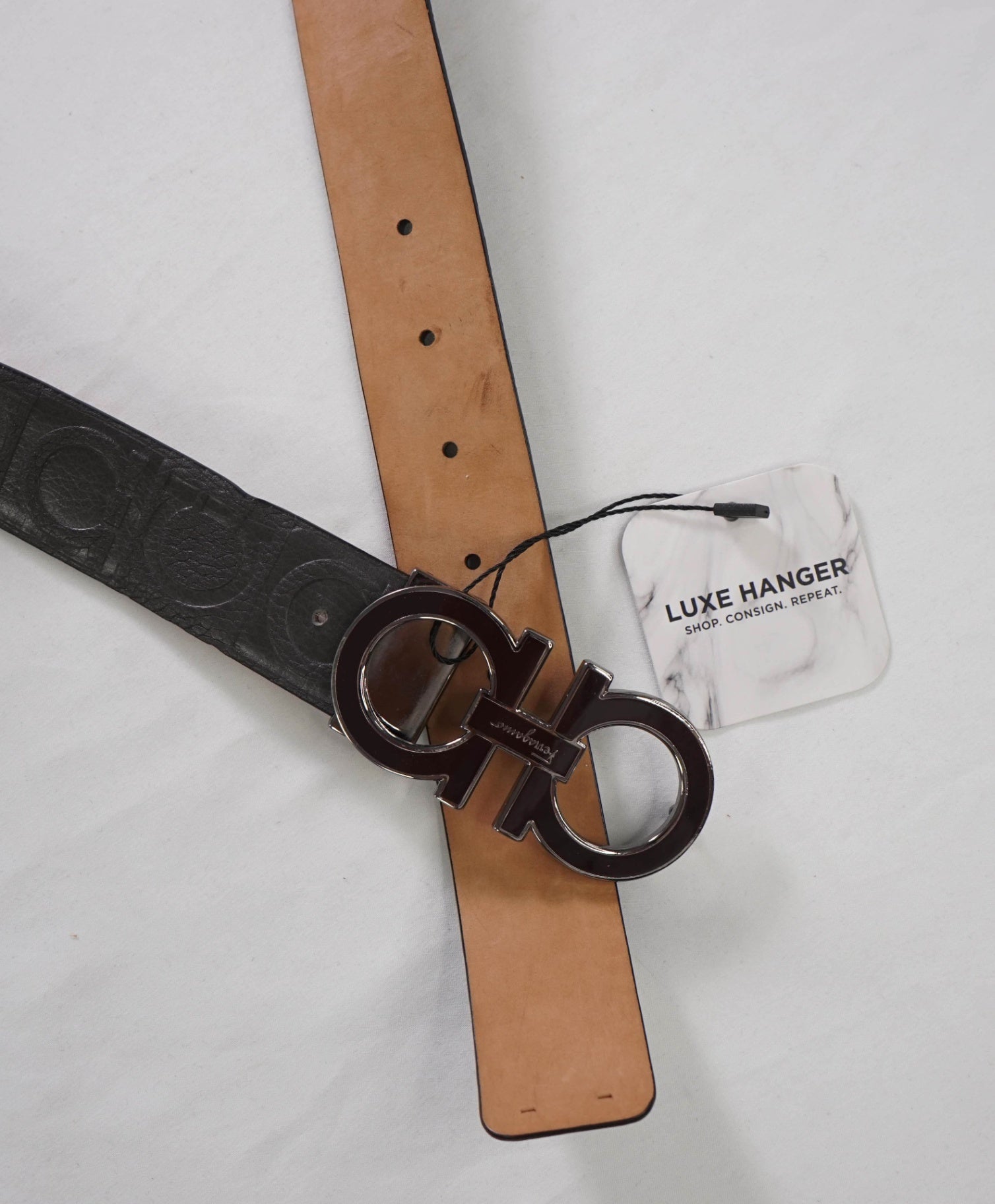 $635 FERRAGAMO - Buckle + Logo Strap Brown Gancini Belt - 40W