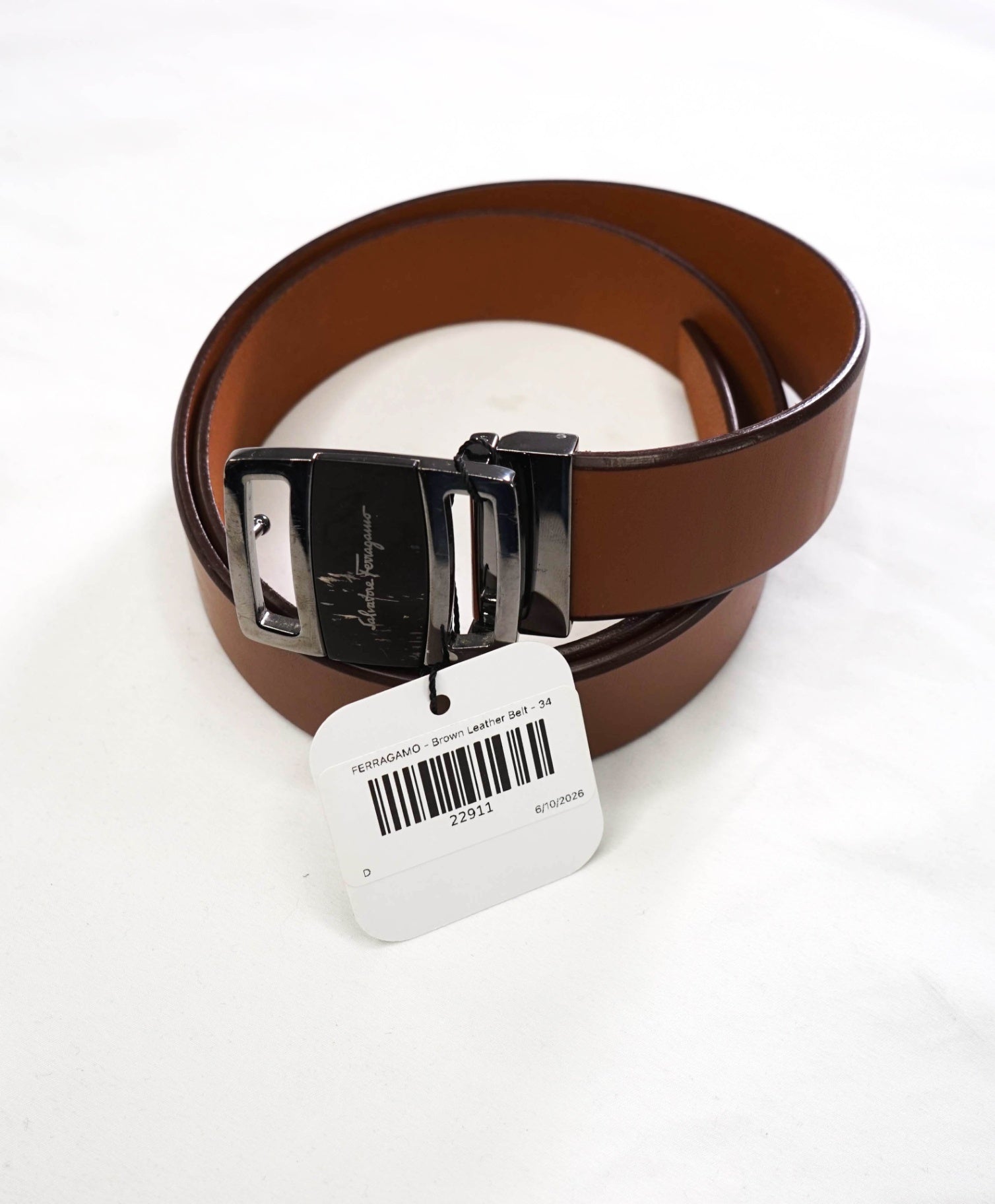 $535 FERRAGAMO - Sardegna Brown Leather Belt - 34