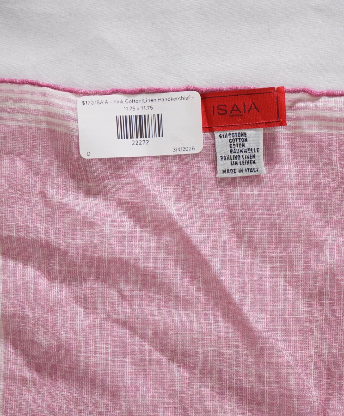$170 ISAIA - Pink Cotton/Linen Pocket Square - 11.75 x 11.75